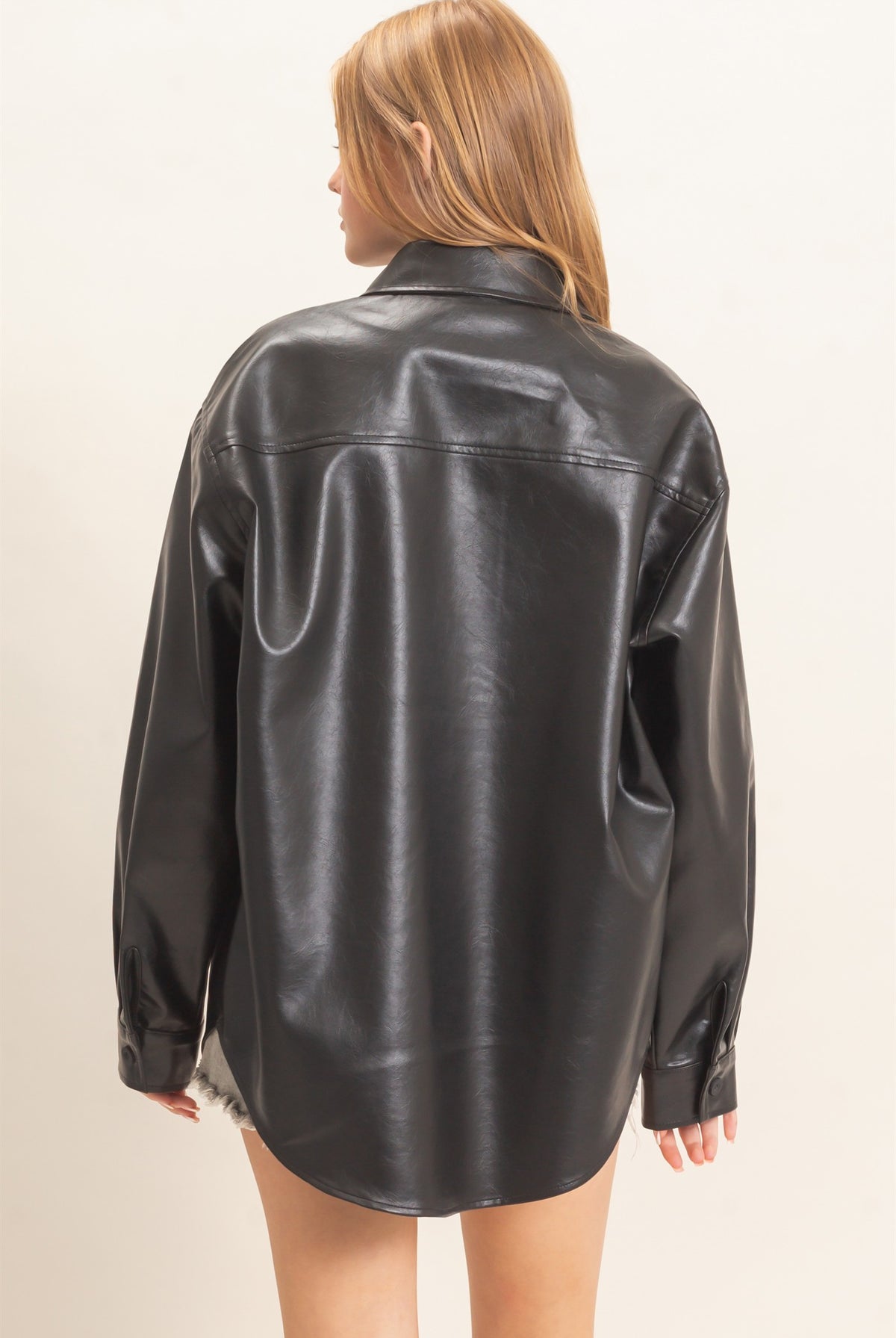 Wholesale Faux Leather Button-Down Shirt Clothing Tops HF26E236 BLACK HYFVE