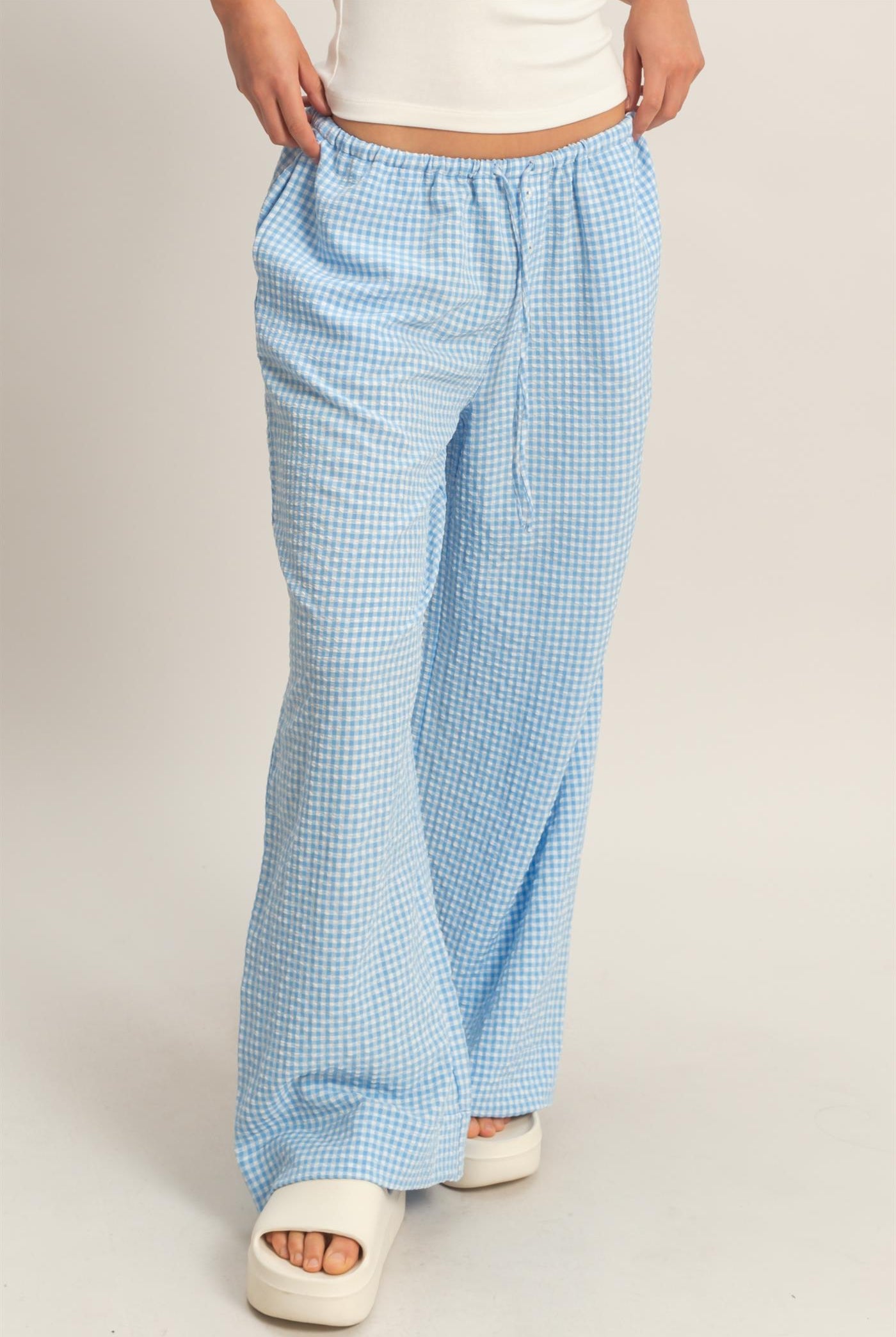 Wholesale Gingham Drawstring Wide-Leg Pants Pants DZ26C202 BLUE DOUBLE ZERO