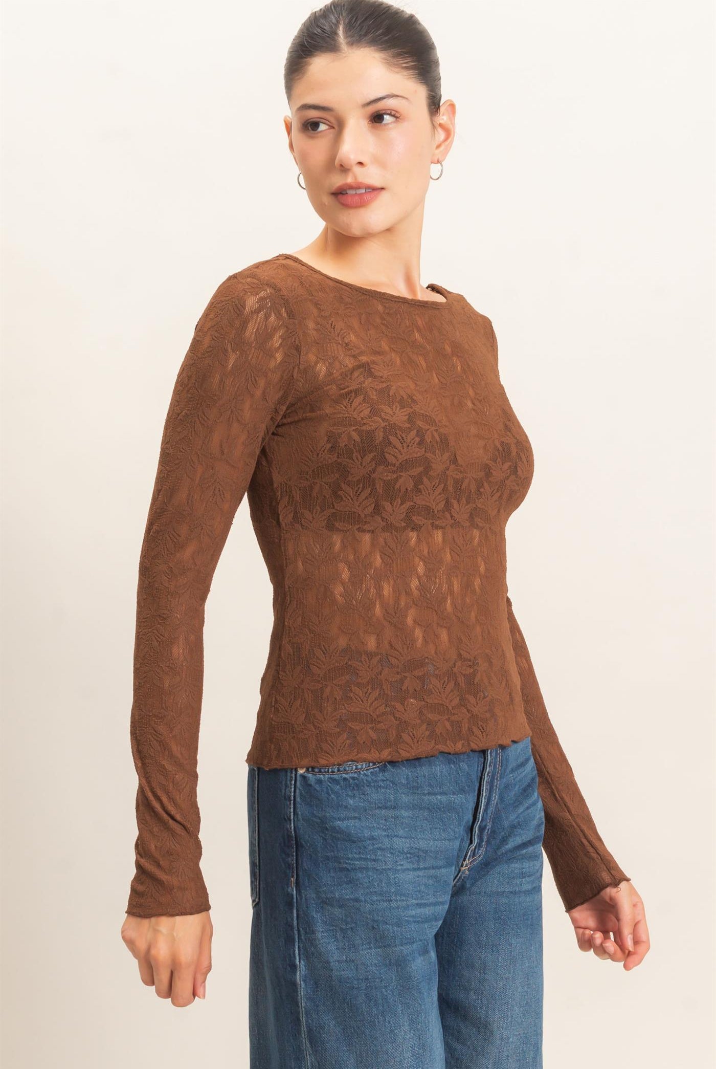 Wholesale Floral Lace Long Sleeve Top Clothing Tops HF26E309 BROWN HYFVE