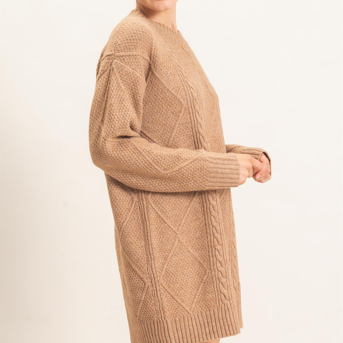 Wholesale Cable Knit Crew Neck Dress Dresses HF26F006 TAUPE HYFVE
