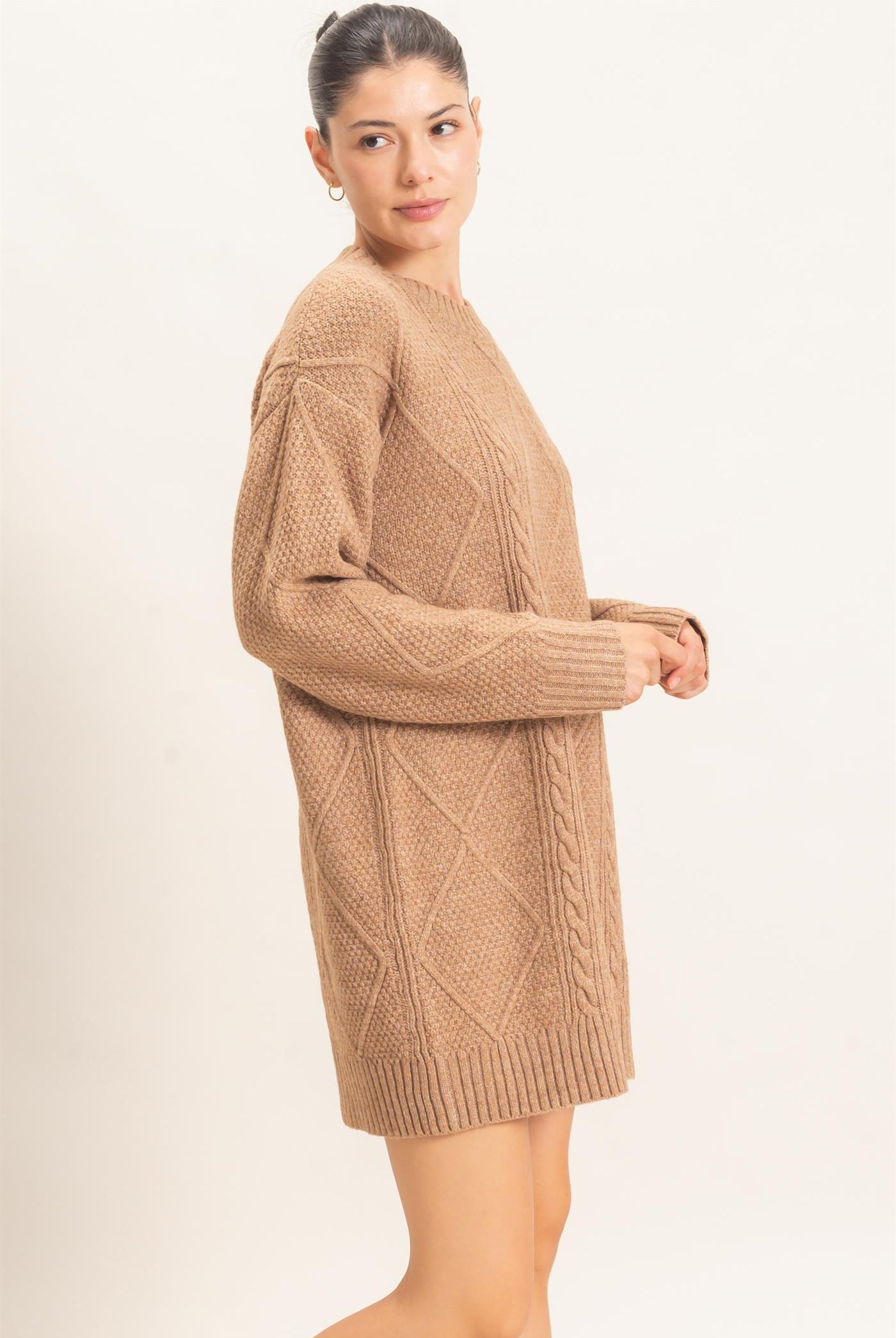 Wholesale Cable Knit Crew Neck Dress Dresses HF26F006 TAUPE HYFVE