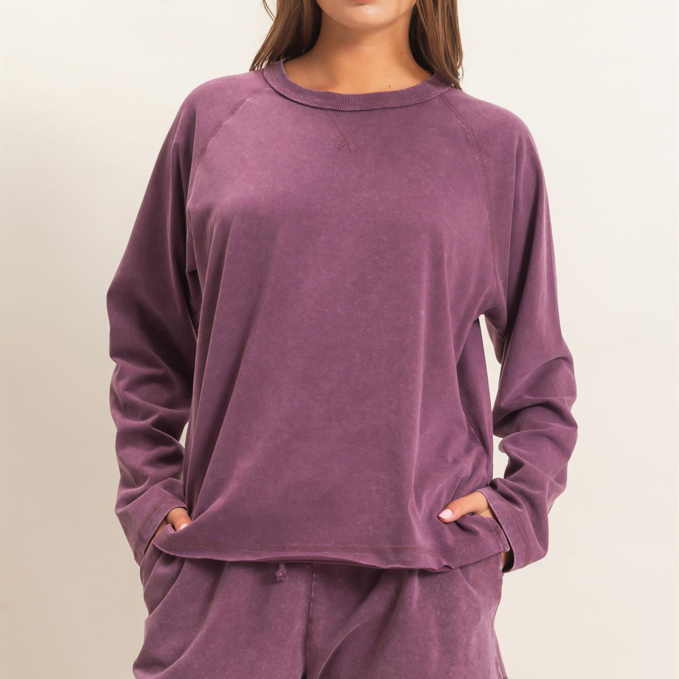 Wholesale Mineral Wash Long Sleeve Raw Edge Top & Shorts Set Clothing DZ26F403-SET DARK CHERRY DOUBLE ZERO