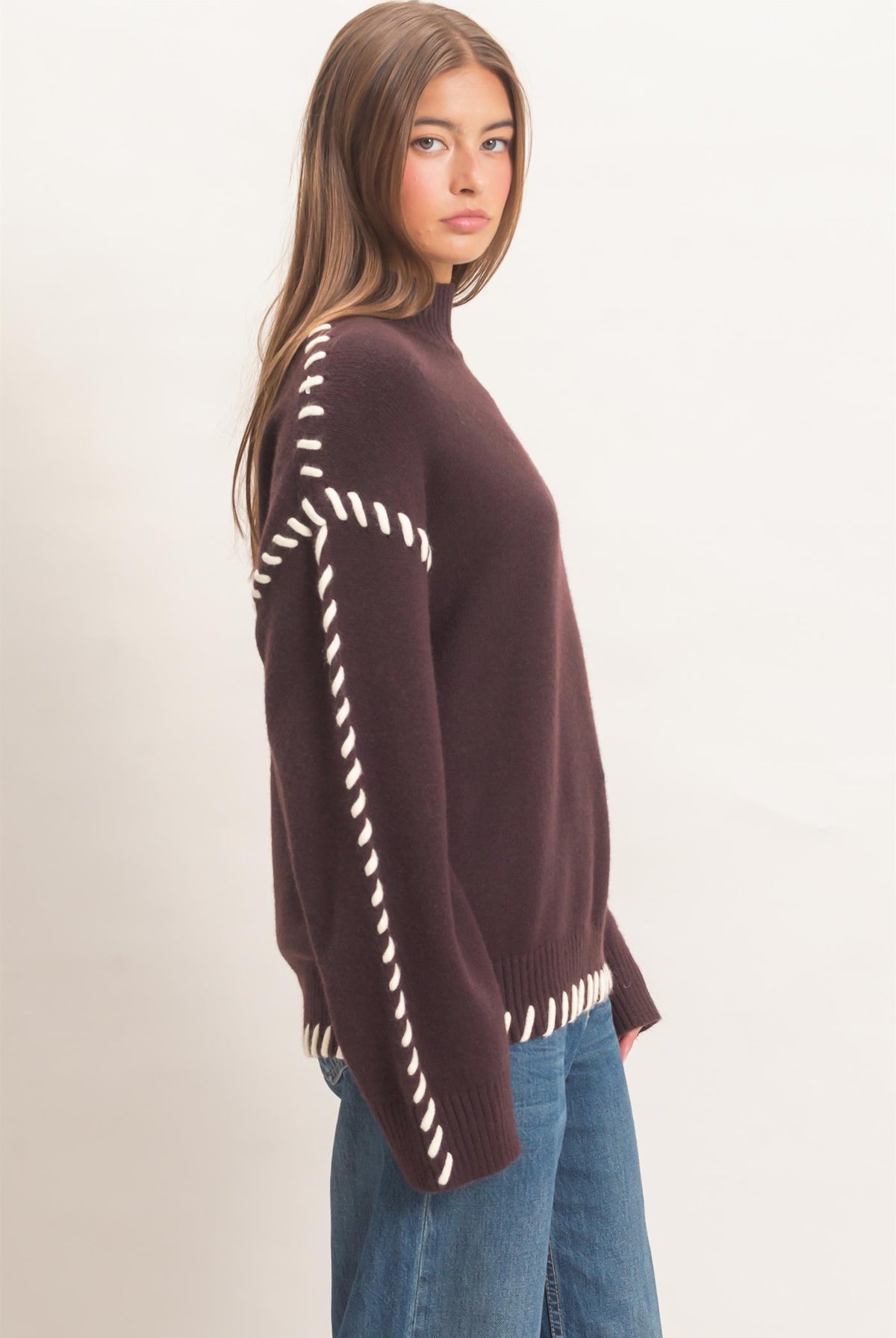 Wholesale Blanket Stitch High Neck Sweater Sweaters DZ27A190 DARK BROWN DOUBLE ZERO