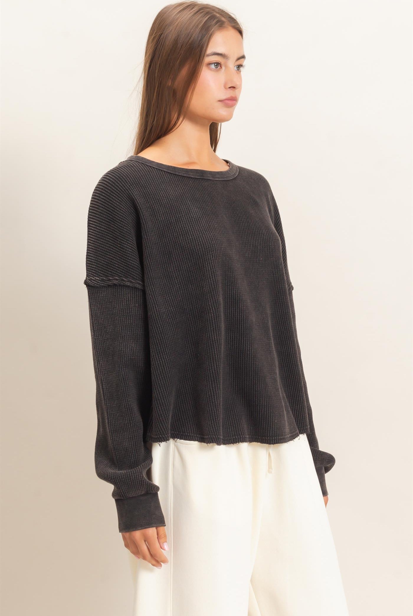 Wholesale Mineral Wash Waffle Oversized Top Clothing Tops DZ26E248 BLACK DOUBLE ZERO