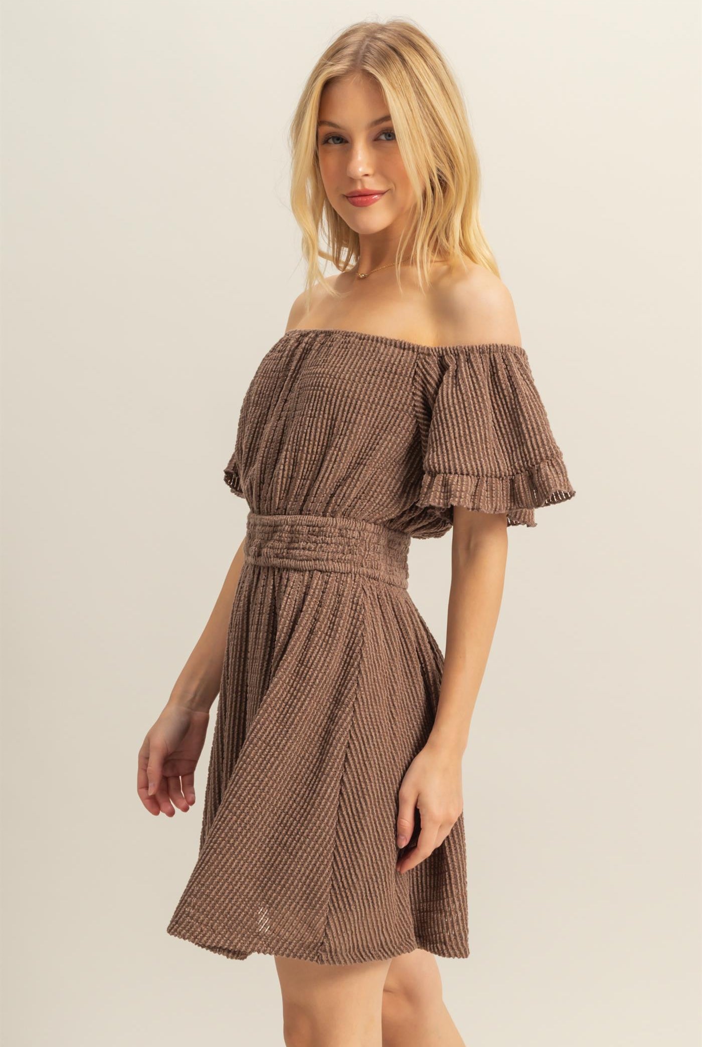 Wholesale Crochet Off-The-Shoulder Mini Dress Dresses HF25E125 BROWN HYFVE