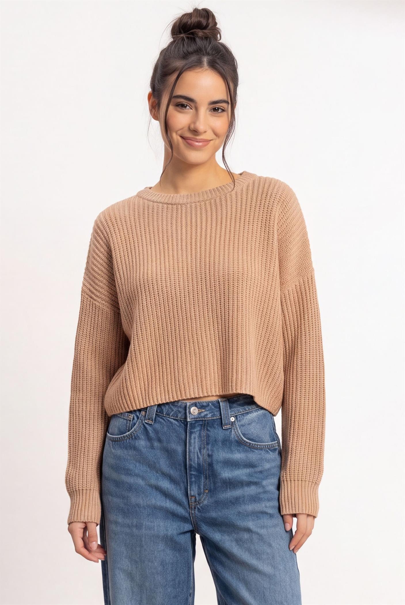 Wholesale Oversized Cropped Sweater Sweaters DZ26E252 DARK TAUPE DOUBLE ZERO