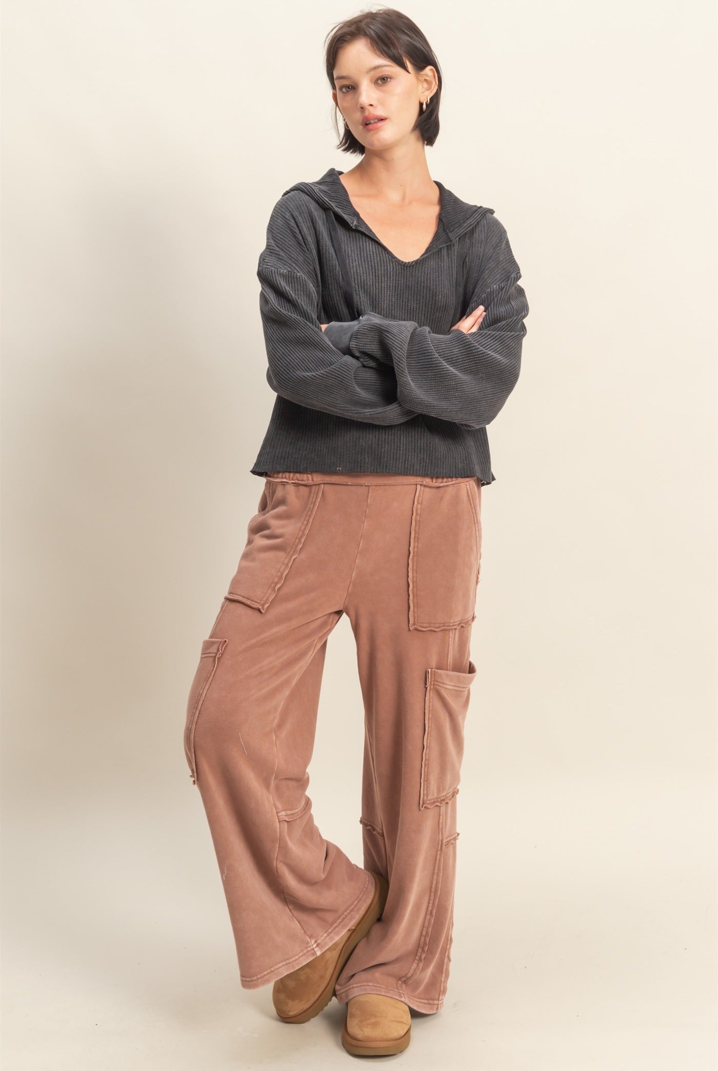 Wholesale Mineral Wash Oversized Utility Sweatpants Sweatpants DZ25C903 CHESTNUT DOUBLE ZERO