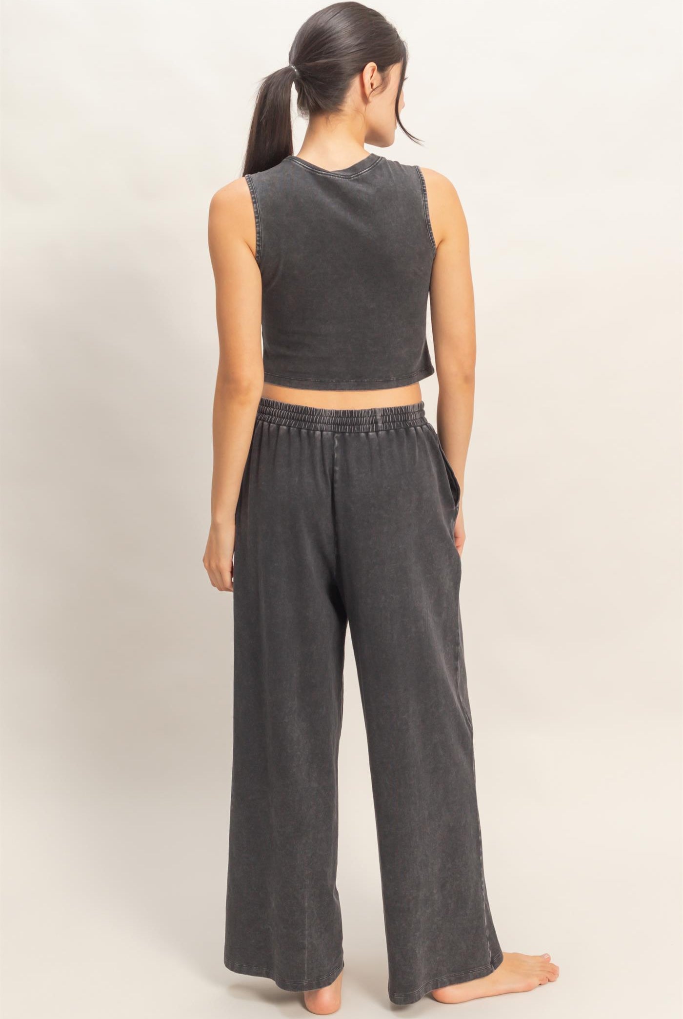 Wholesale Mineral Washed Sleeveless Top & Wide Leg Pants Set Clothing DZ26A371-SET BLACK DOUBLE ZERO