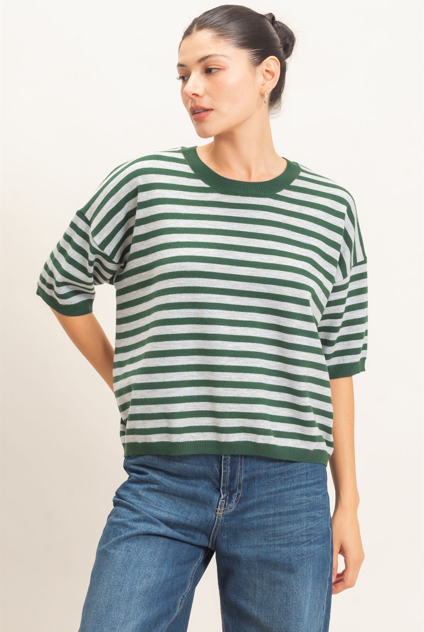 Wholesale Striped Crew Neck Sweater Sweaters HF26E234 HUNTER GREEN HYFVE