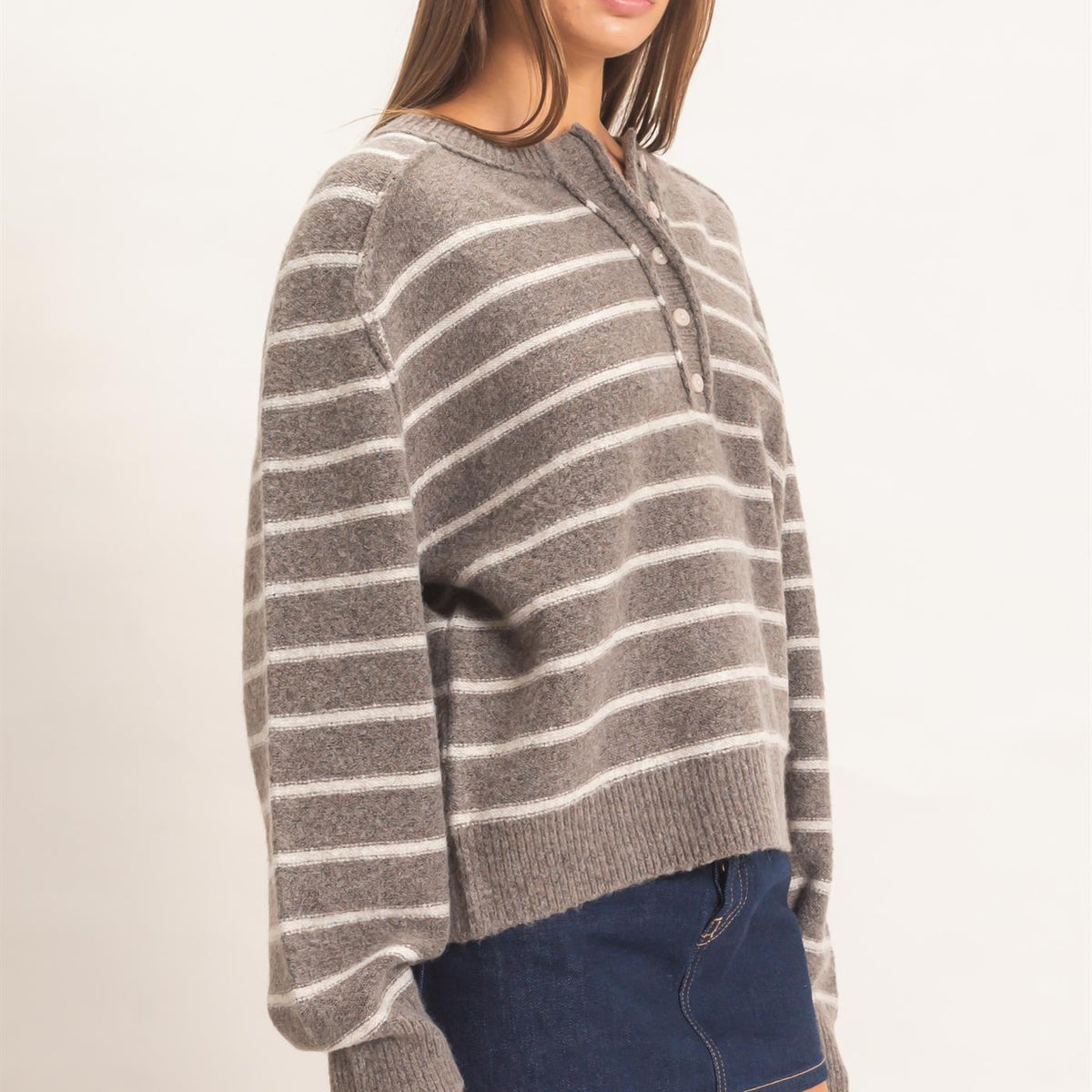 Wholesale Stripe Henley Sweater Sweaters DZ26F002 ASH BROWN DOUBLE ZERO