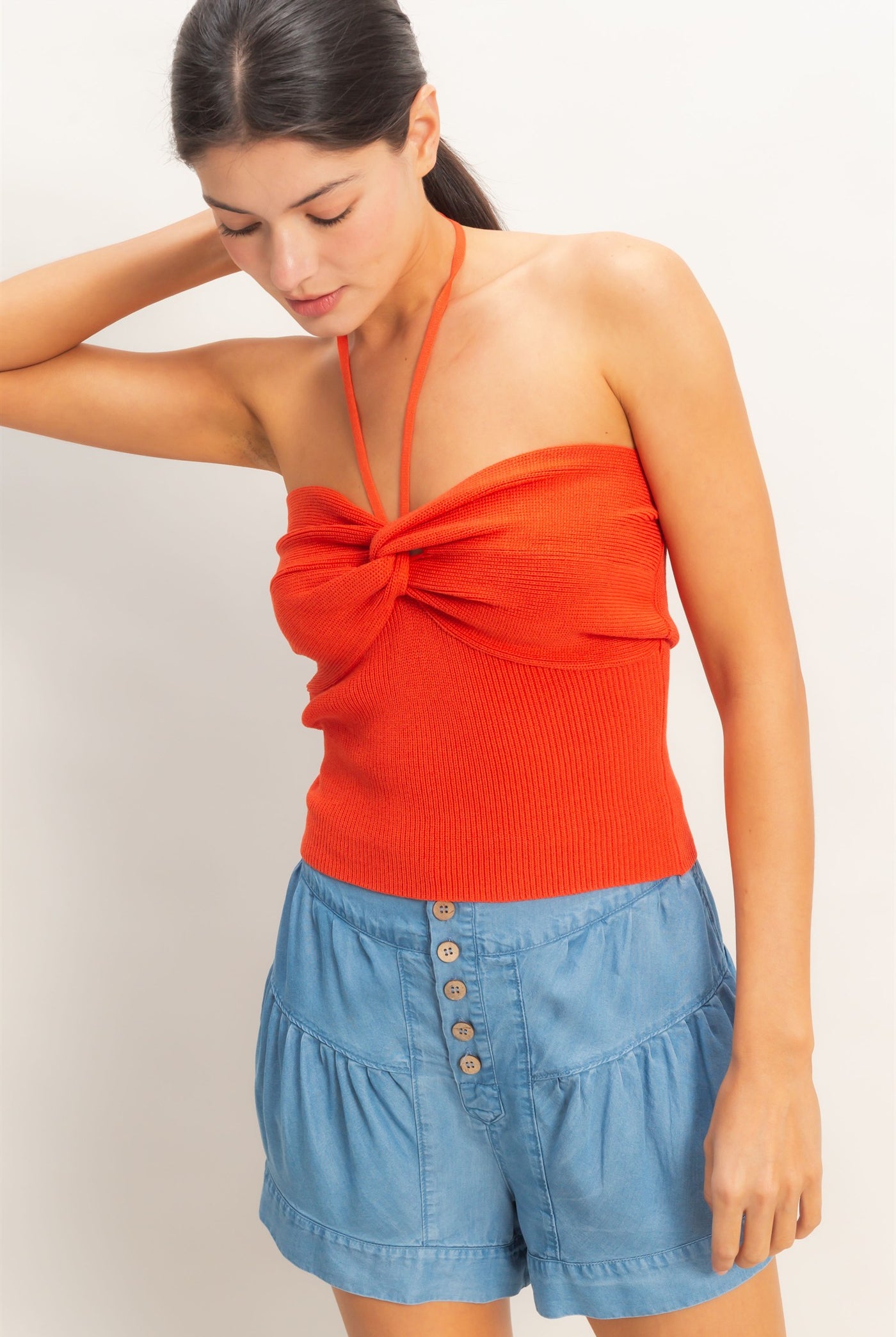Wholesale Ribbed Halter Top With Twist Clothing Tops HF26A299 ORANGE RED HYFVE