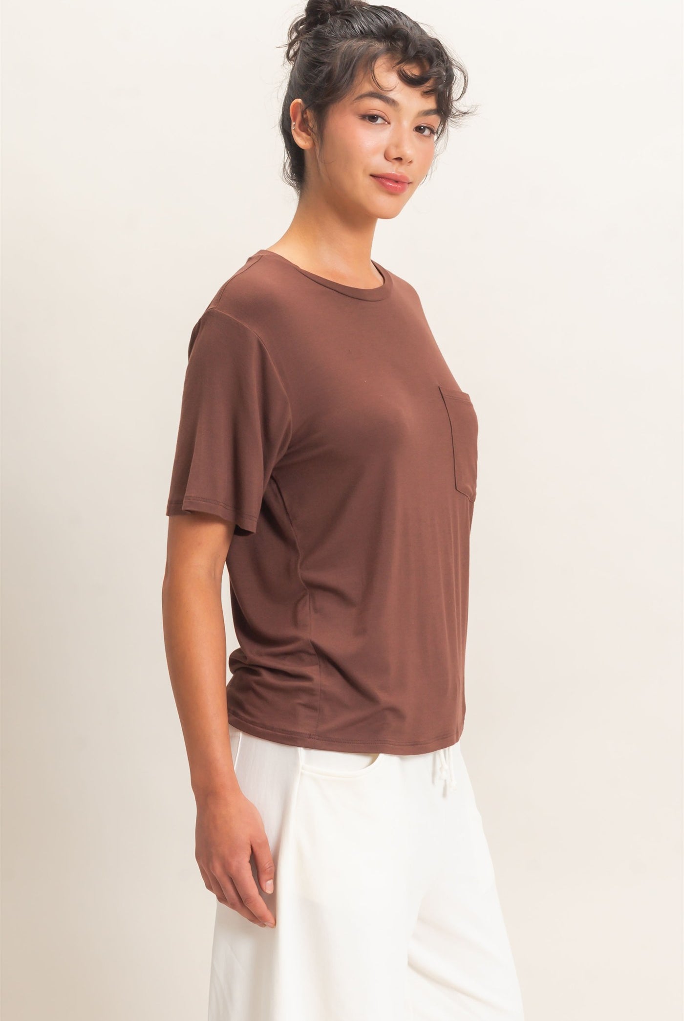 Wholesale Crew Neck Pocket Tee Clothing Tops DZ26E254 DARK BROWN DOUBLE ZERO