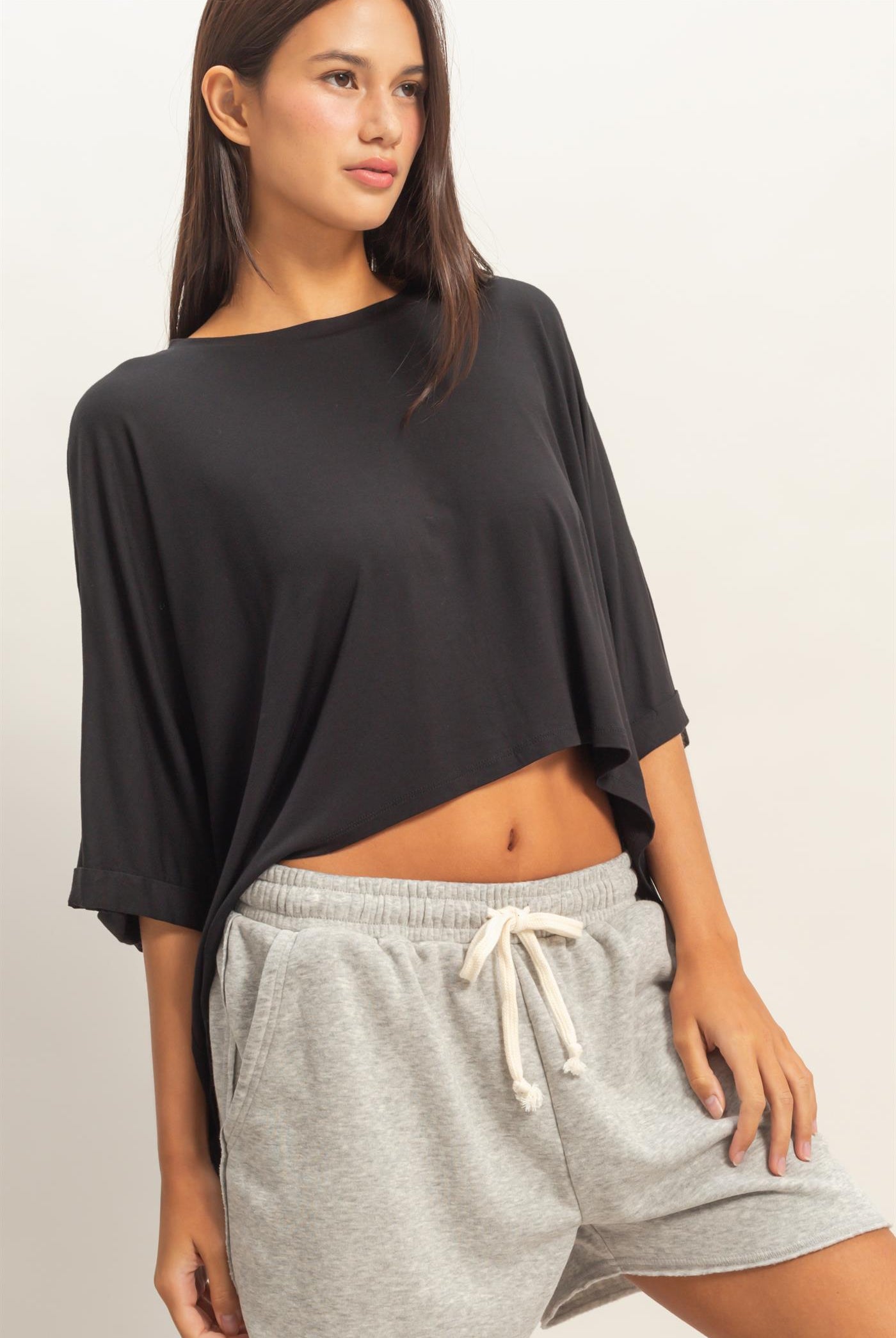 Wholesale Relaxed High-Low Batwing Sleeve Top Shirts DZ26A742 BLACK DOUBLE ZERO