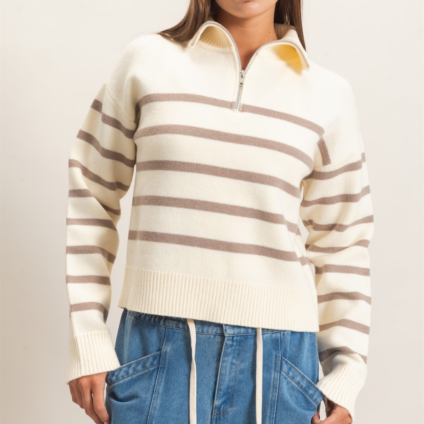 Wholesale Half-Zip Collared Stripe Sweater Sweaters DZ26E950 TAUPE DOUBLE ZERO