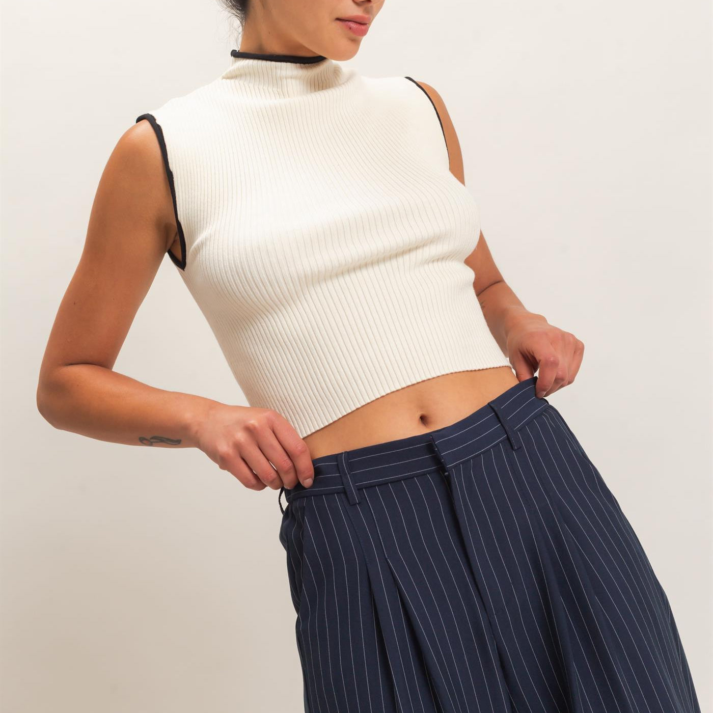 Wholesale Ribbed Mock Neck Sleeveless Top Clothing Tops DZ26E777 CREAM DOUBLE ZERO