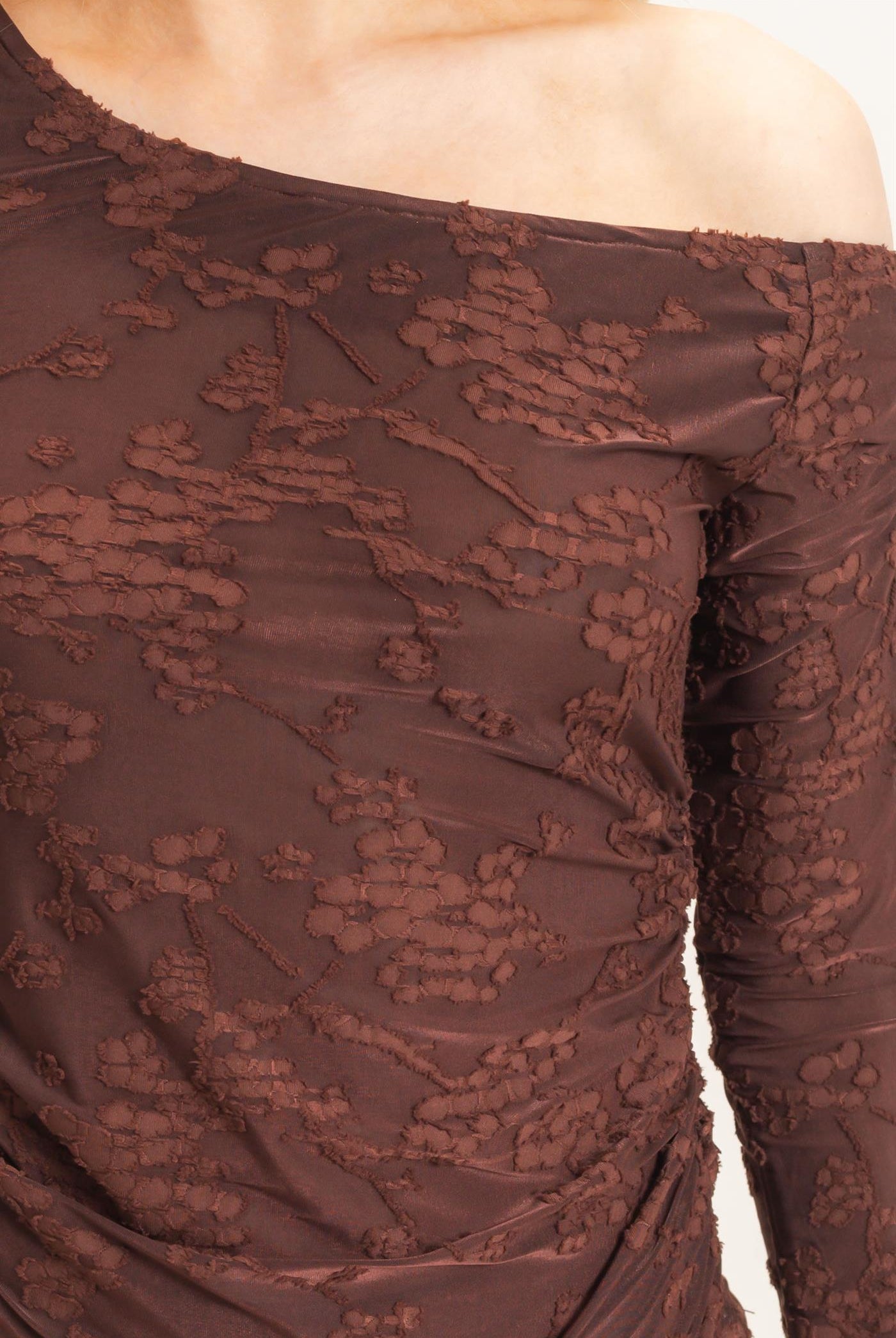 Wholesale Textured Mesh Off-Shoulder Top Blouses HF26F043 BROWN HYFVE