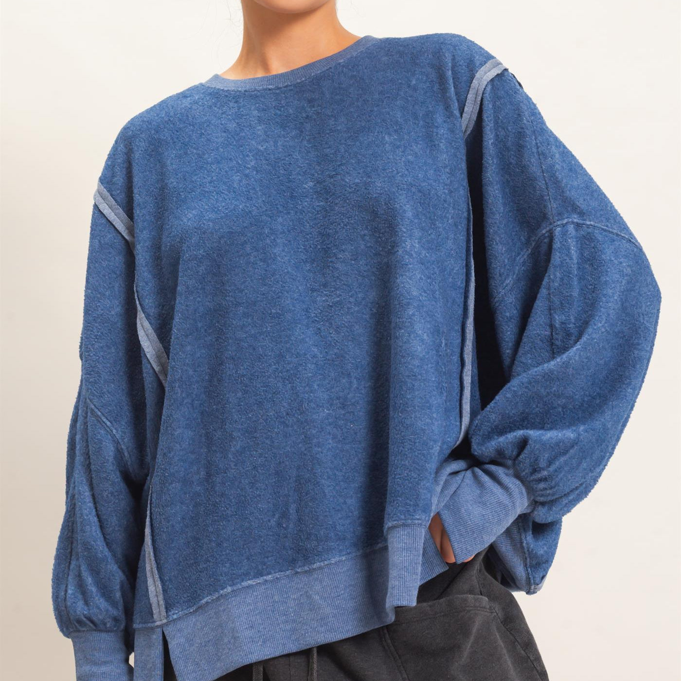 Wholesale Oversized Raw Edge Crew Neck Sweatshirt Sweatshirts DZ26E273 NAVY DOUBLE ZERO