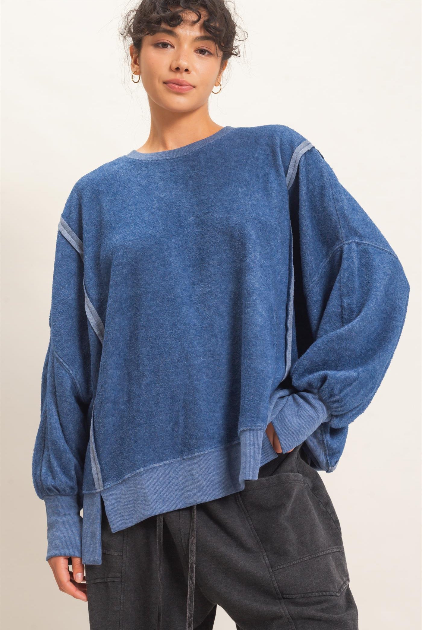 Wholesale Oversized Raw Edge Crew Neck Sweatshirt Sweatshirts DZ26E273 NAVY DOUBLE ZERO