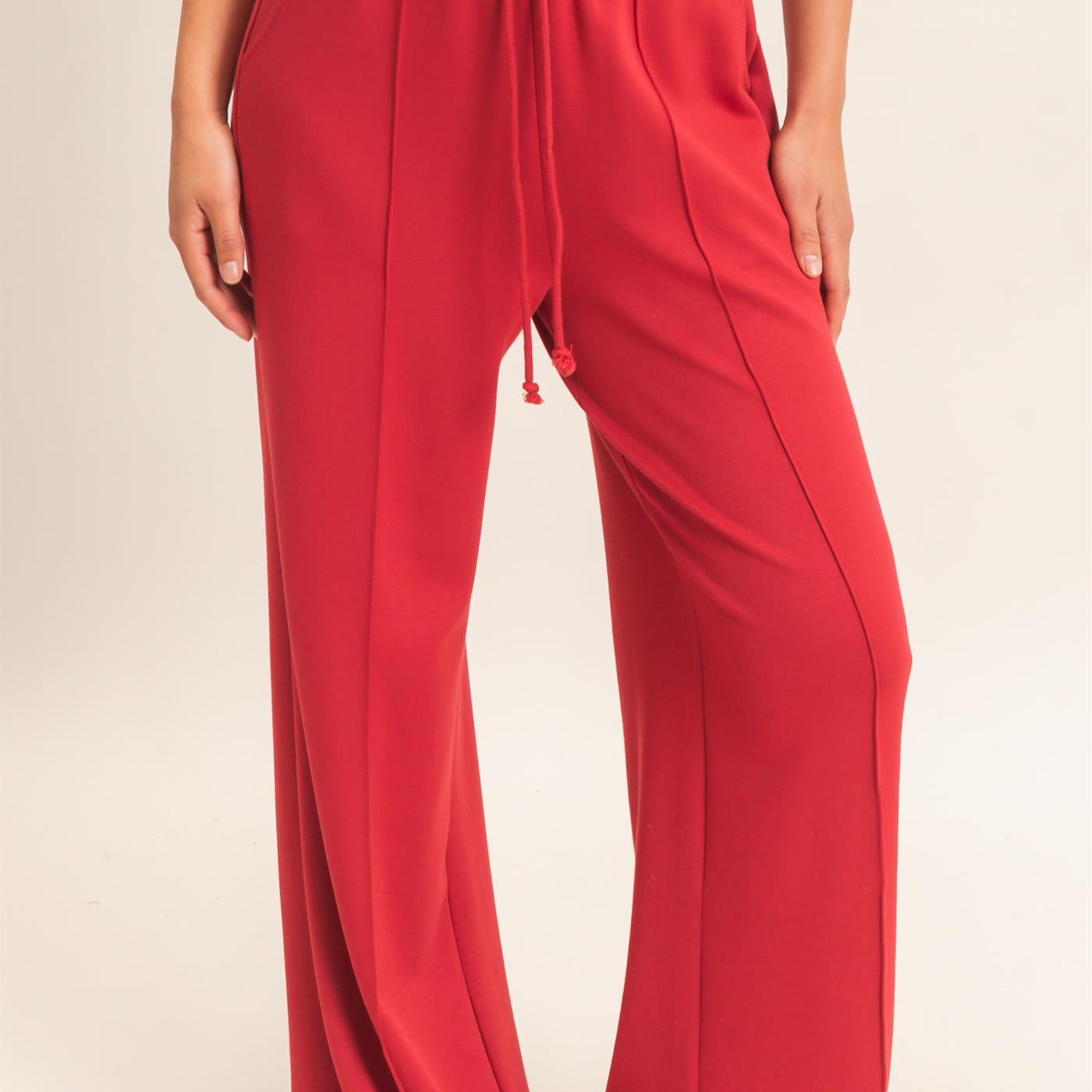 Wholesale Drawstring Waist Pintuck Wide Leg Pants Pants DZ26E384 DARK RED HYFVE