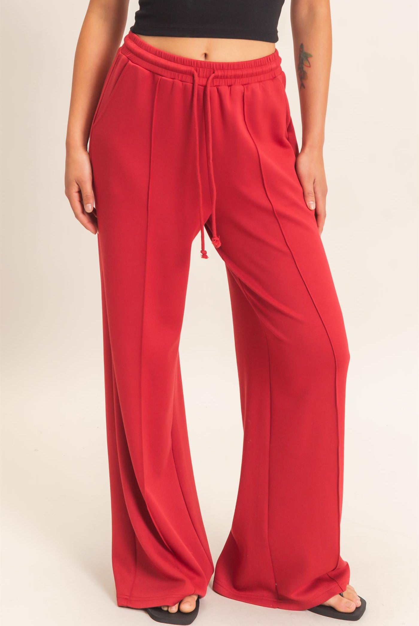 Wholesale Drawstring Waist Pintuck Wide Leg Pants Pants DZ26E384 DARK RED HYFVE