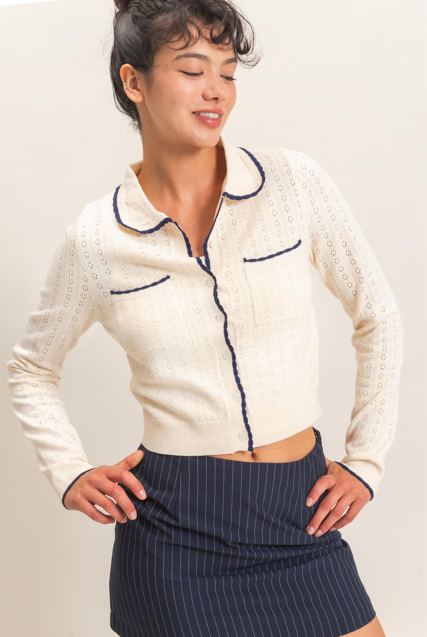 Wholesale Collared Pointelle Knit Cardigan Sweaters DZ26E101 CREAM DOUBLE ZERO