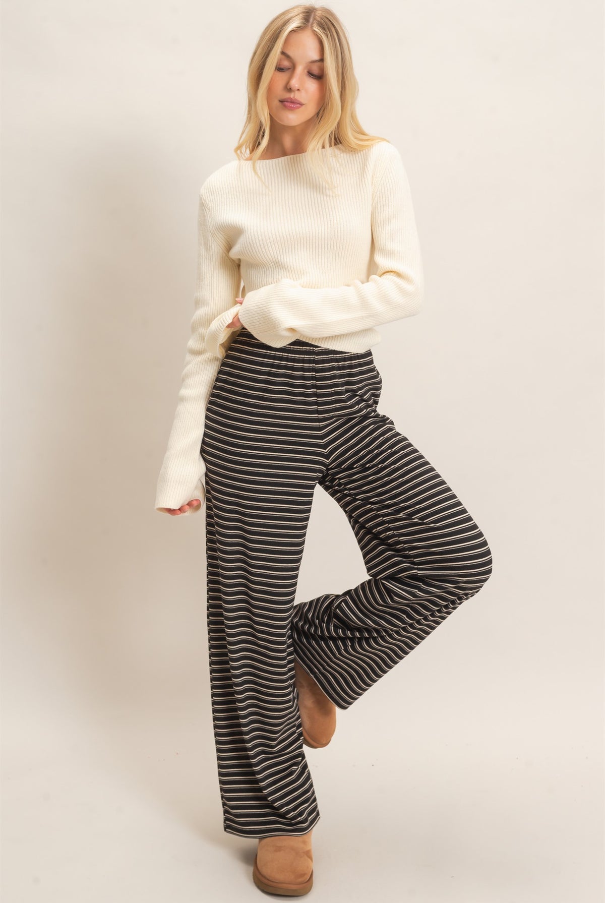 Wholesale Striped Elastic Waist Pants Pants HF26C677 BLACK HYFVE