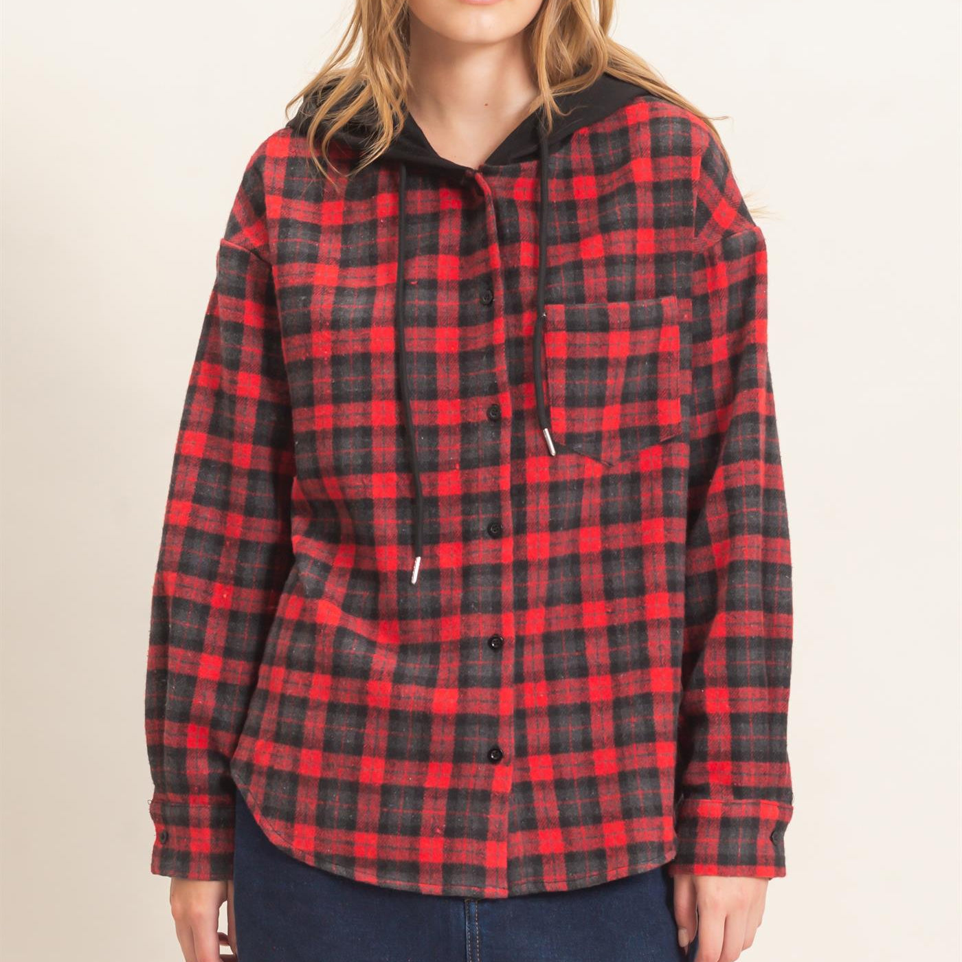 Wholesale Hooded Plaid Button-Up Shirt Shirts HF26F018 RED HYFVE