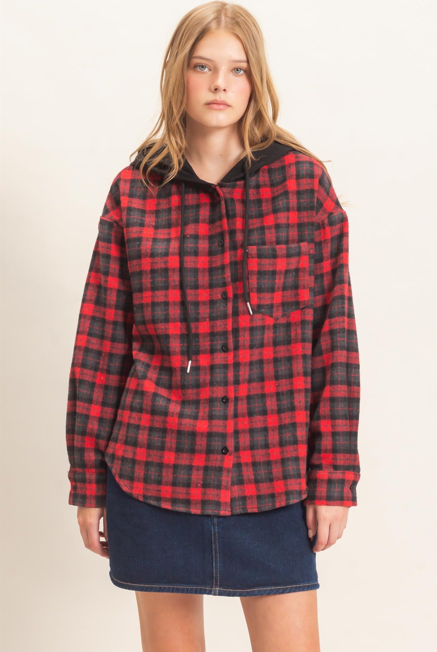 Wholesale Hooded Plaid Button-Up Shirt Shirts HF26F018 RED HYFVE