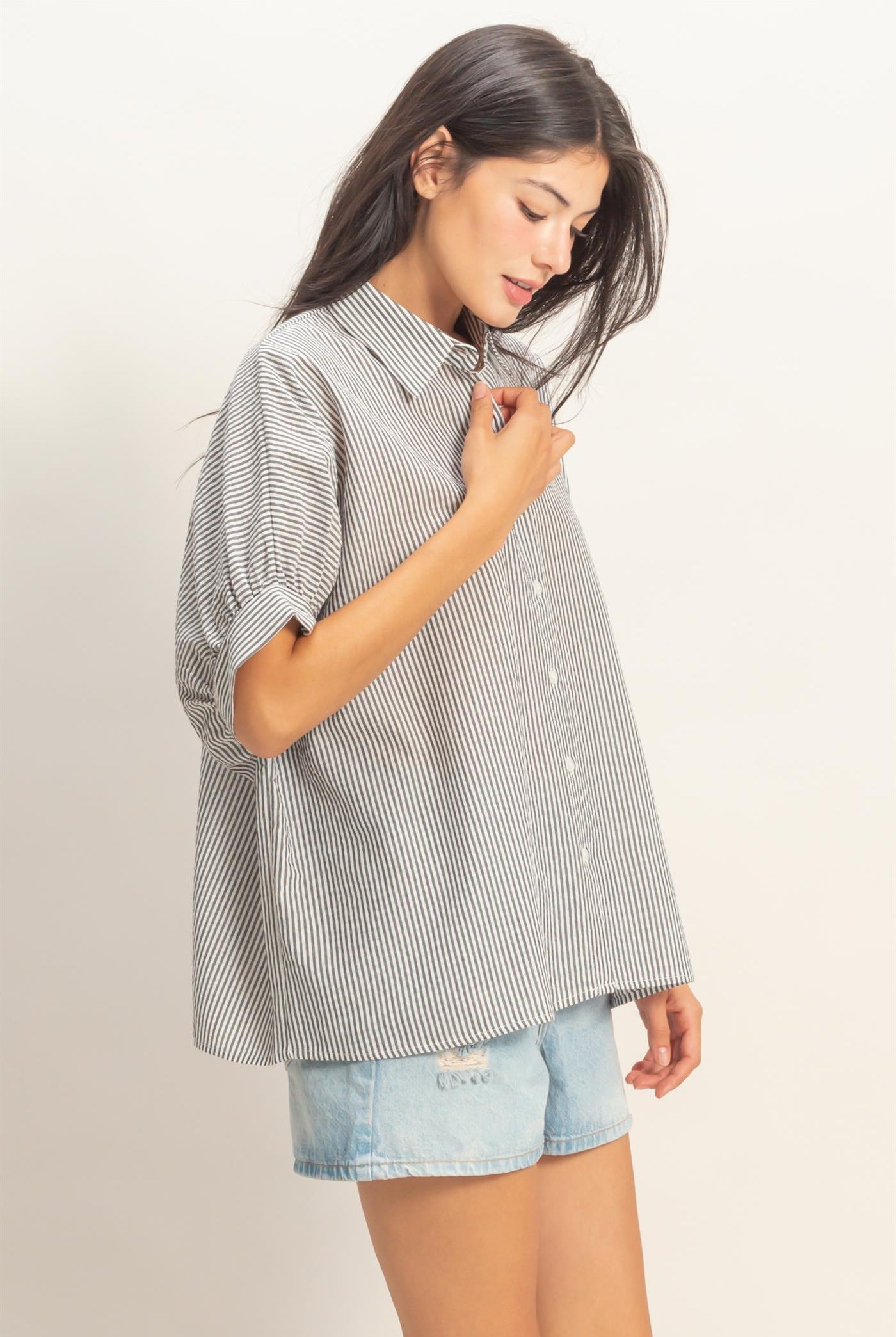 Wholesale Striped Short Sleeve Button-Front Blouse T-Shirts DZ26C276 BLACK DOUBLE ZERO