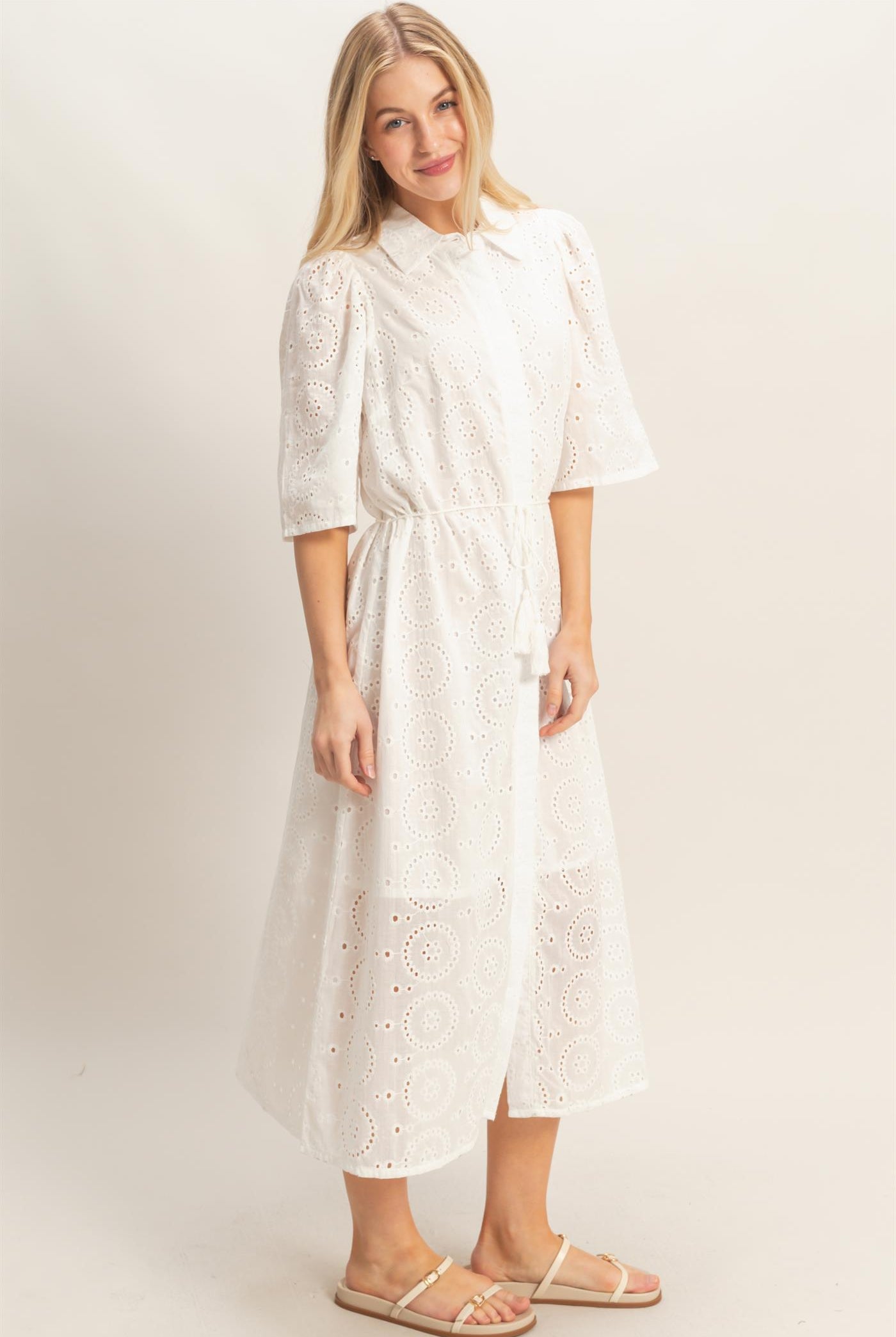 Wholesale Eyelet Collared Midi Dress Dresses HF26A021 WHITE HYFVE