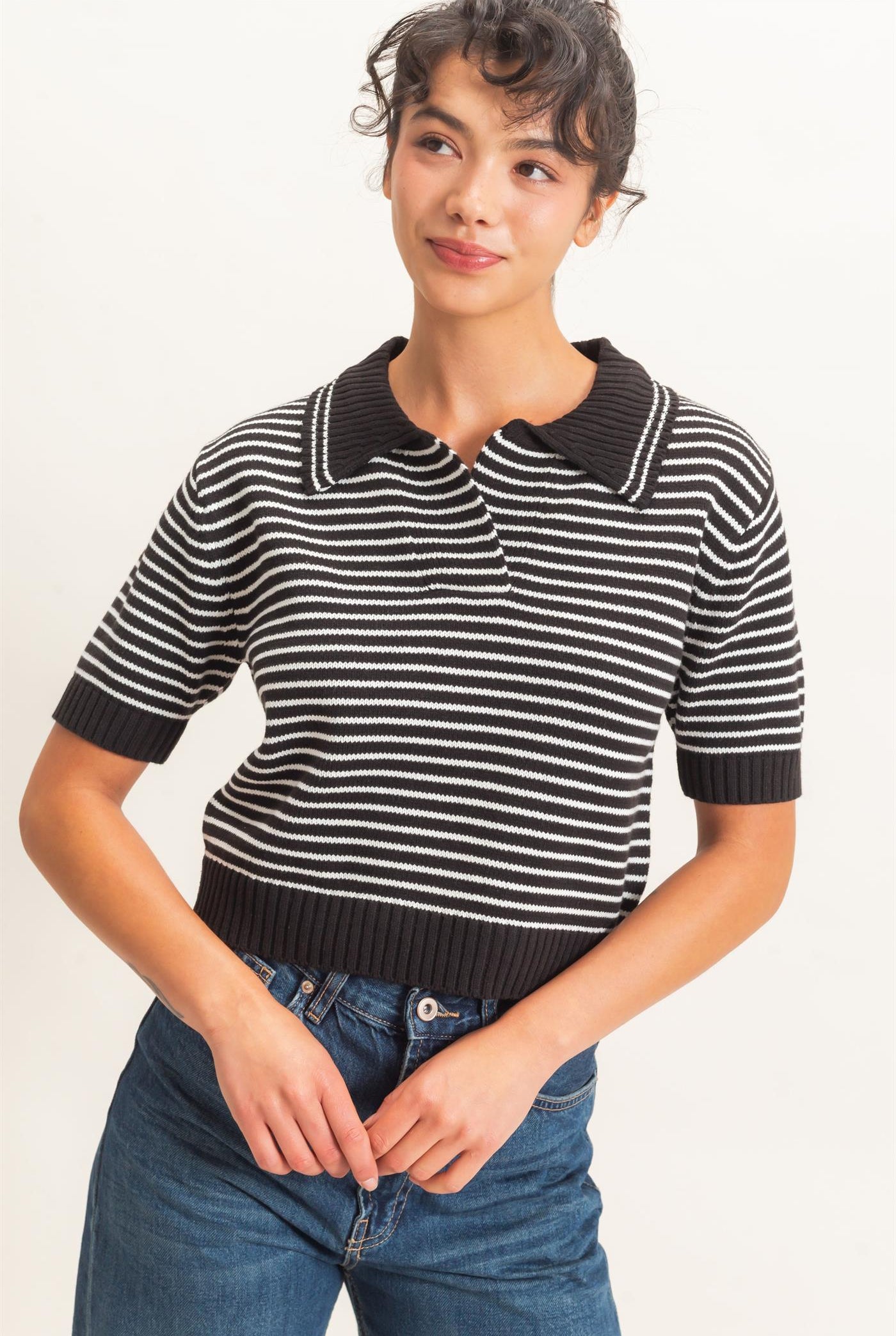 Wholesale Striped Short Sleeve Collar Knit Top Clothing Tops DZ26E261 BLACK DOUBLE ZERO