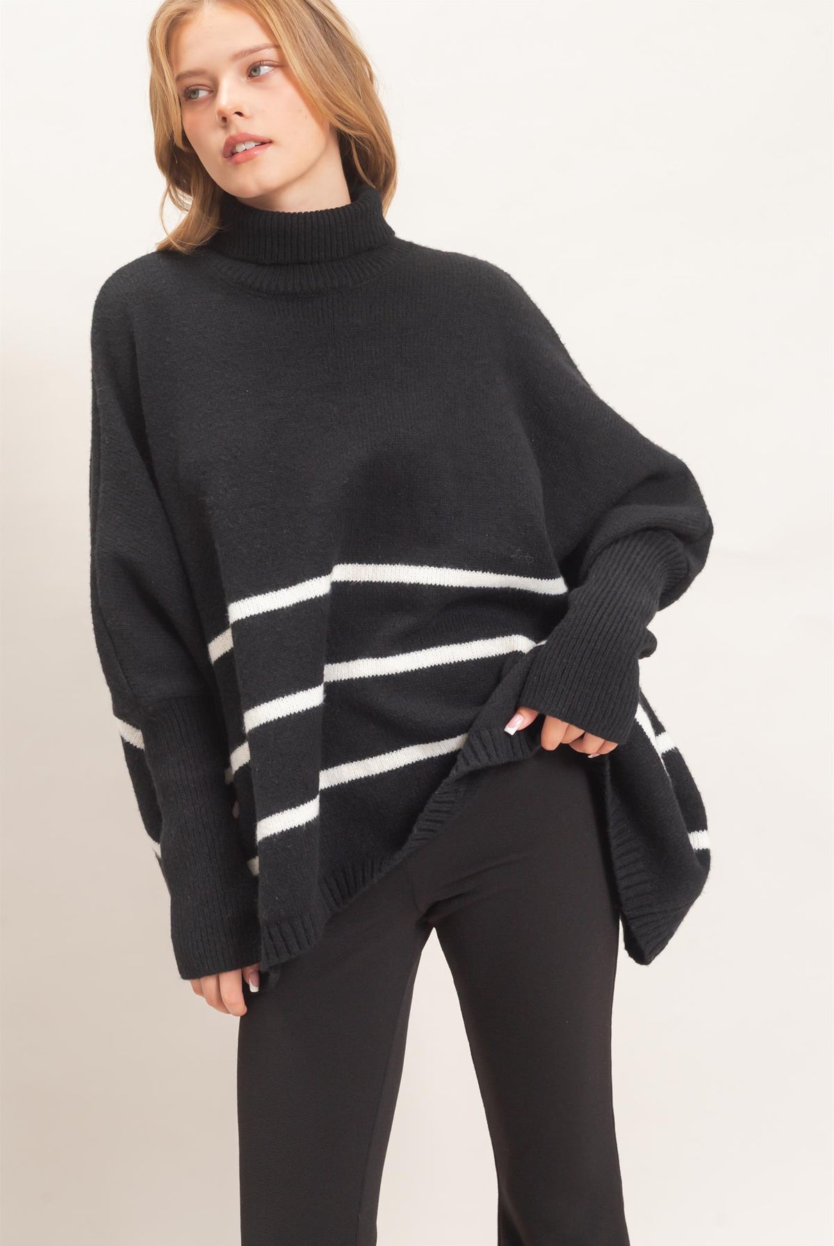 Wholesale Striped Turtleneck Poncho Sweater Sweaters HF26F194 BLACK HYFVE