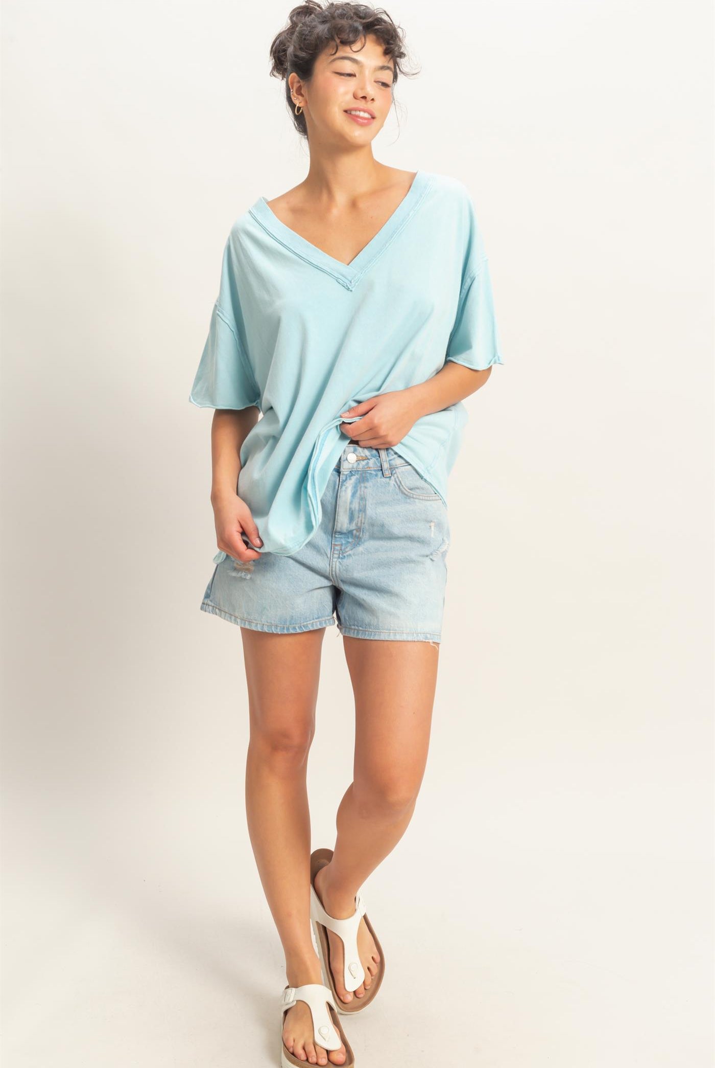 Wholesale Washed V-Neck Oversized Tee Clothing Tops DZ26A760 BLUE DOUBLE ZERO