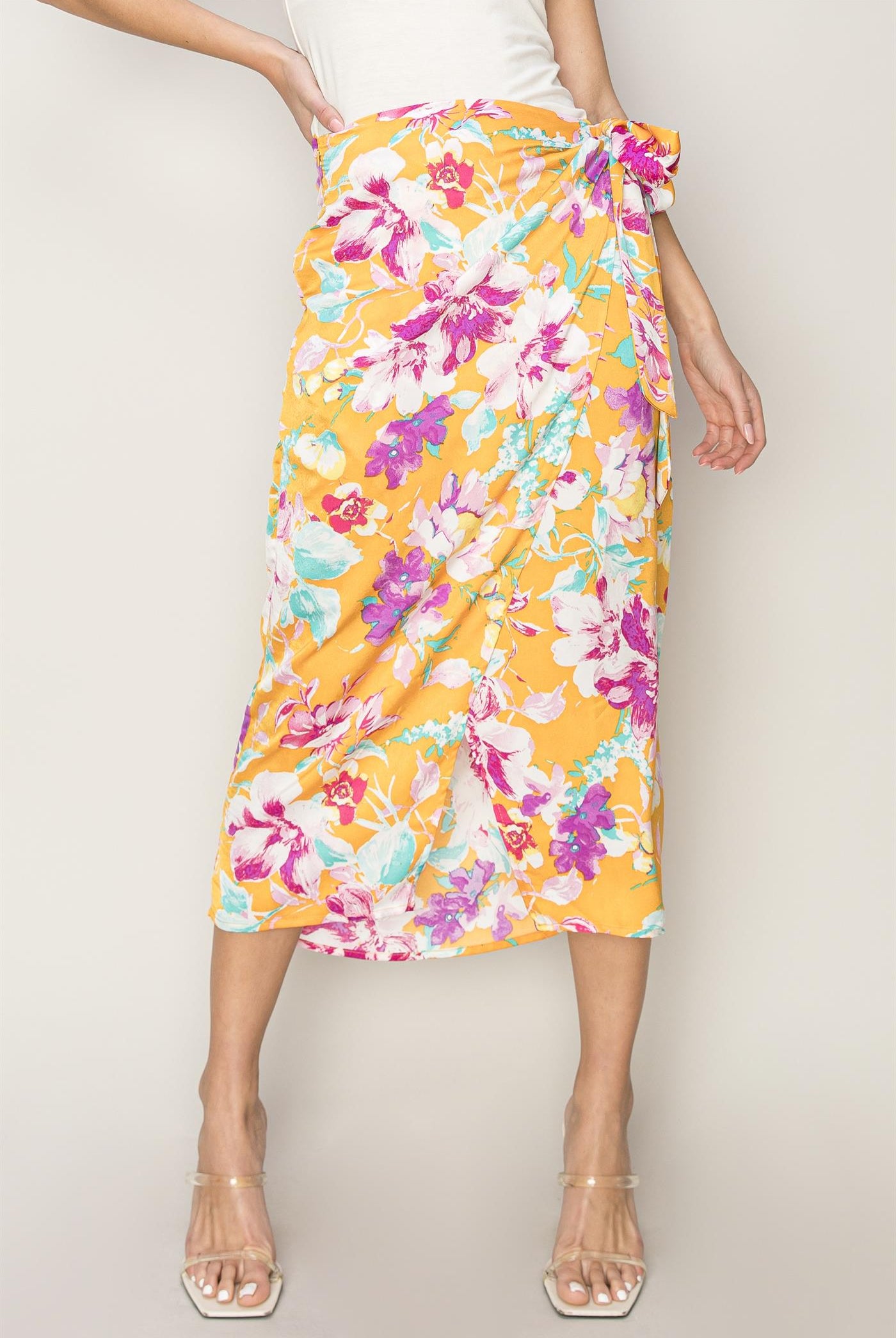 Wholesale Floral Print Wrap And Tie Skirt Skirts HF24A386 ORANGE HYFVE