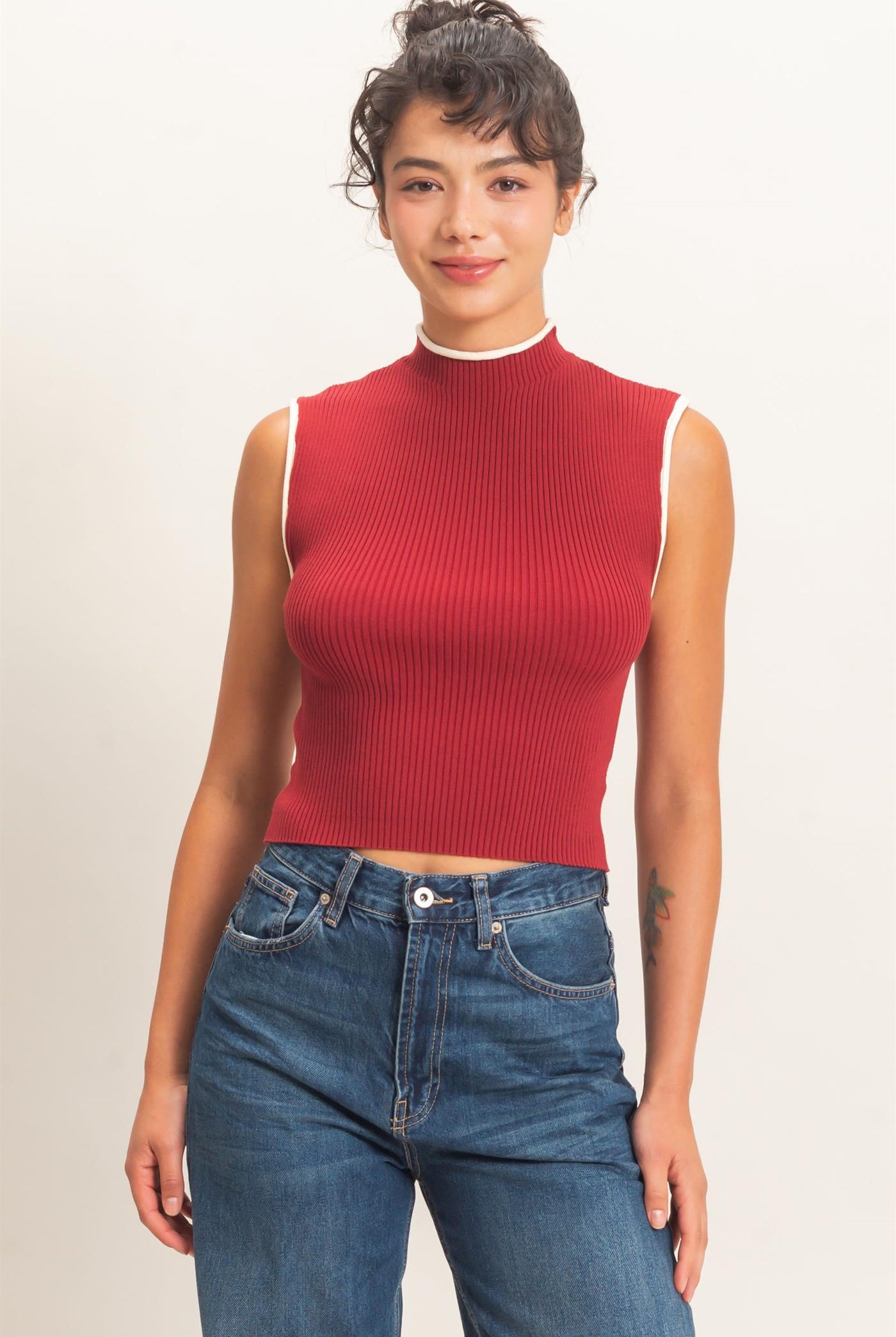 Wholesale Ribbed Mock Neck Sleeveless Top Clothing Tops DZ26E777 DARK RED DOUBLE ZERO