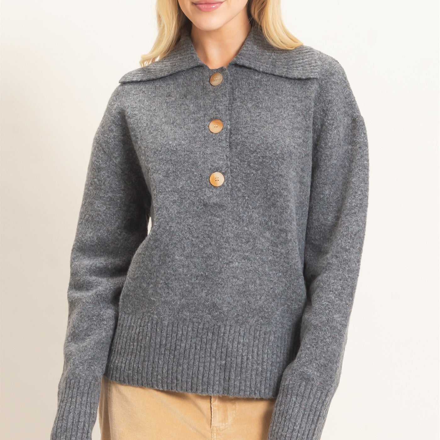 Wholesale Button-Up Collared Sweater Sweaters HF26E752 GRAY HYFVE