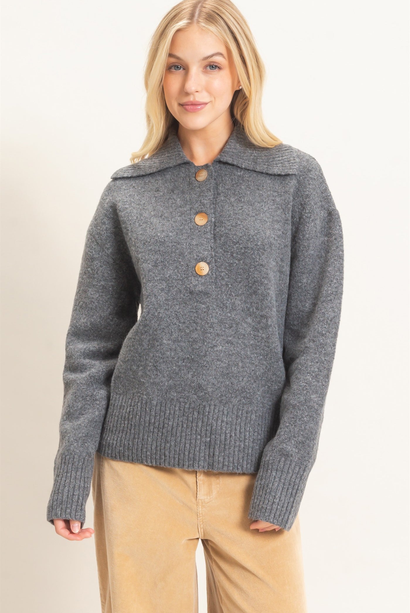 Wholesale Button-Up Collared Sweater Sweaters HF26E752 GRAY HYFVE