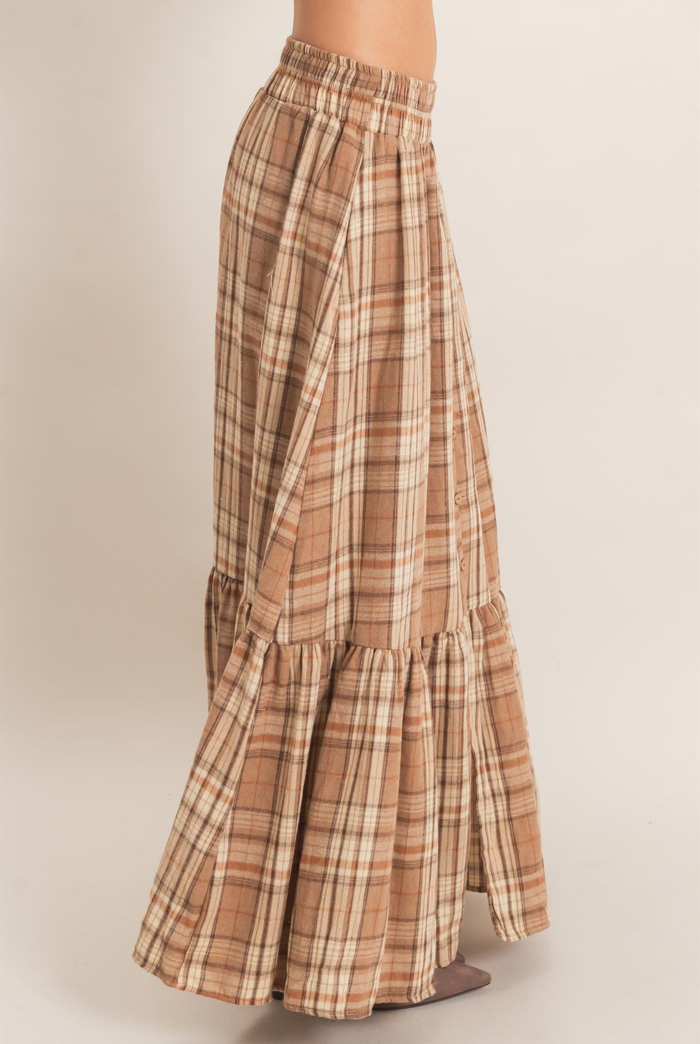 Wholesale Plaid Tiered Ruffle Skirt Skirts HF26E173 MOCHA HYFVE