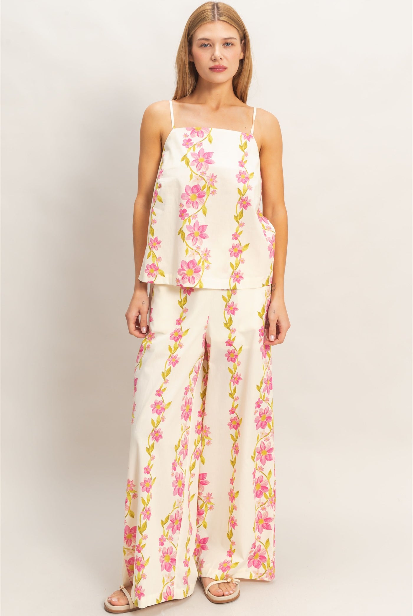 Wholesale Floral Spaghetti Strap Top & Pants Set Clothing HF26C569-SET PINK HYFVE