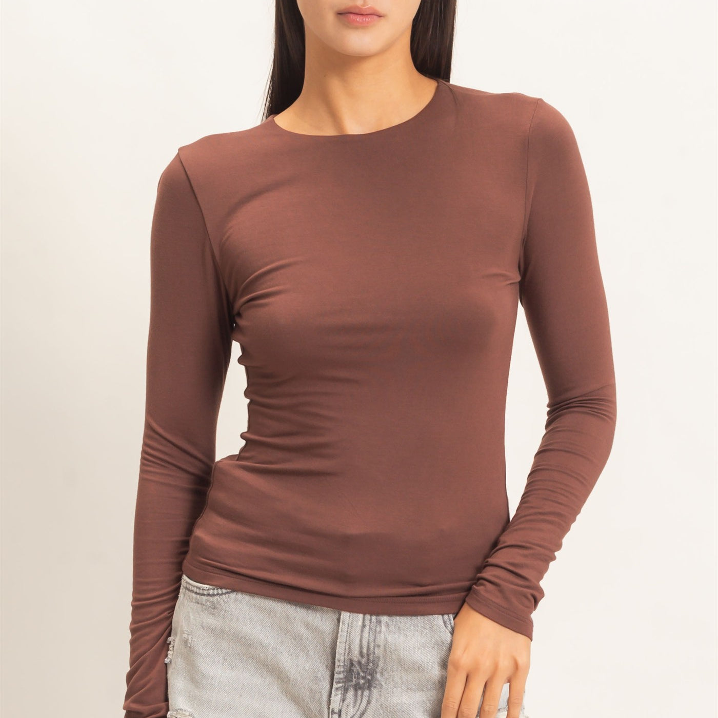 Wholesale Crew Neck Long Sleeve Top Clothing Tops DZ26E978 DARK BROWN DOUBLE ZERO