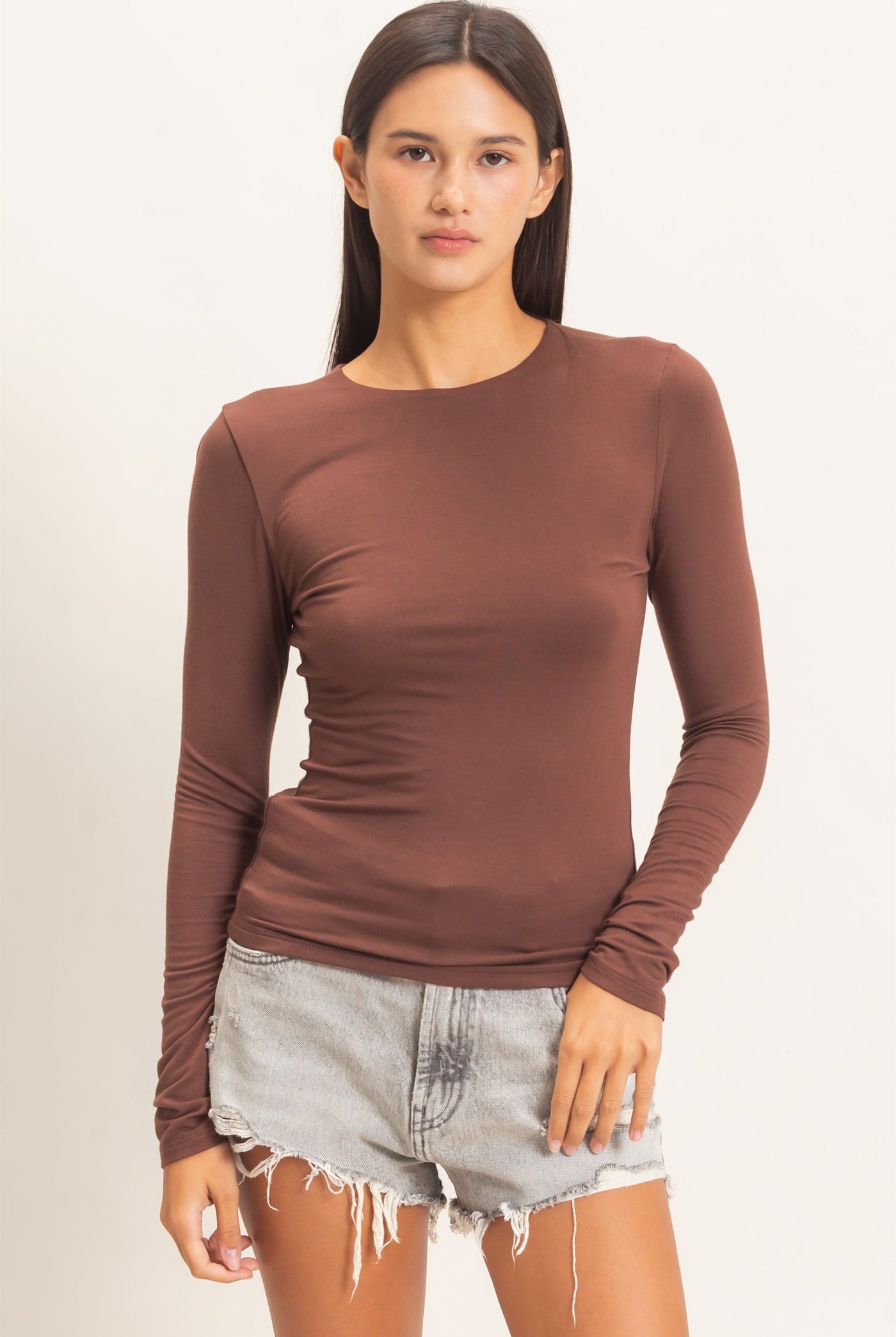 Wholesale Crew Neck Long Sleeve Top Clothing Tops DZ26E978 DARK BROWN DOUBLE ZERO