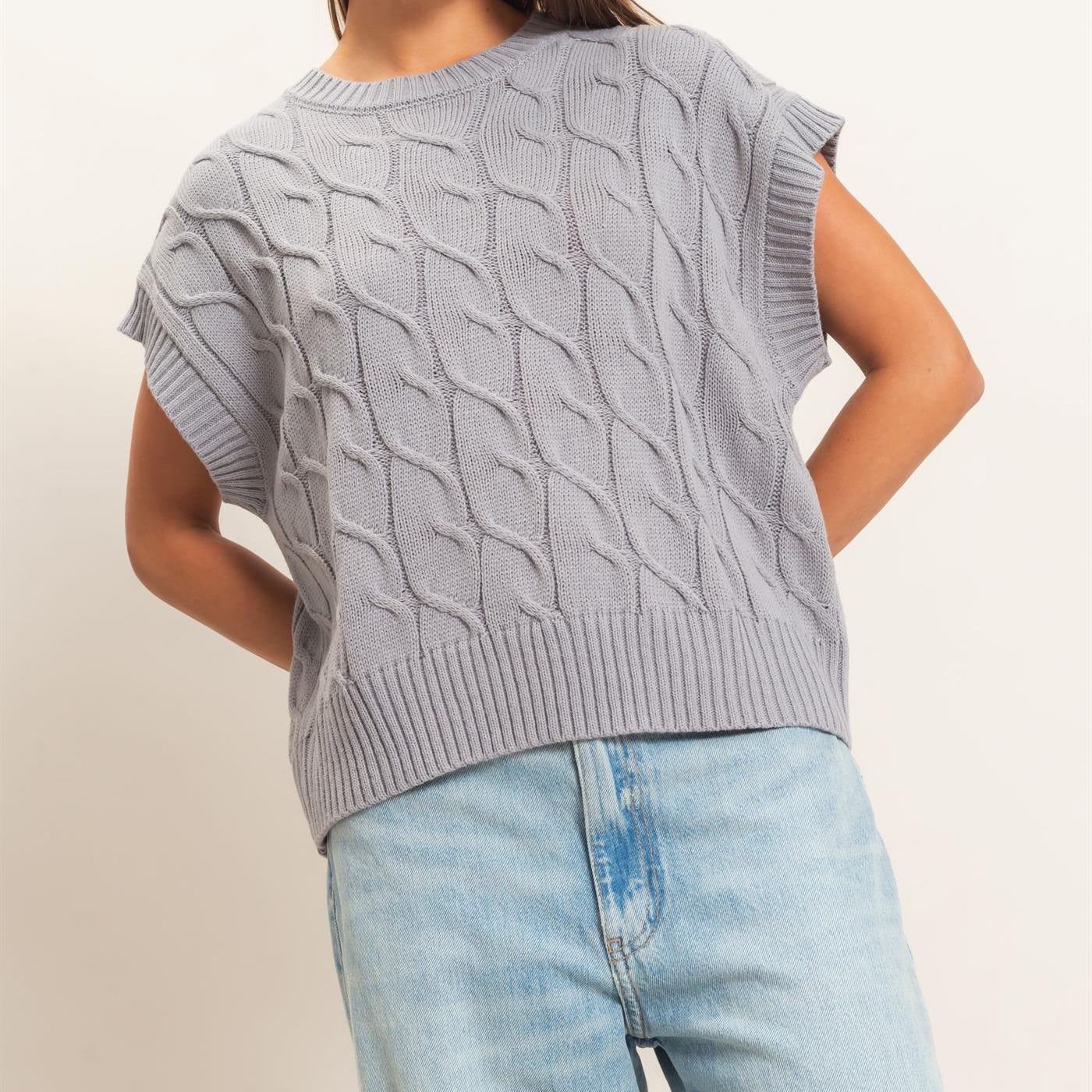 Wholesale Cable Knit Cap Sleeve Sweater Sweaters DZ26C974 GRAY DOUBLE ZERO