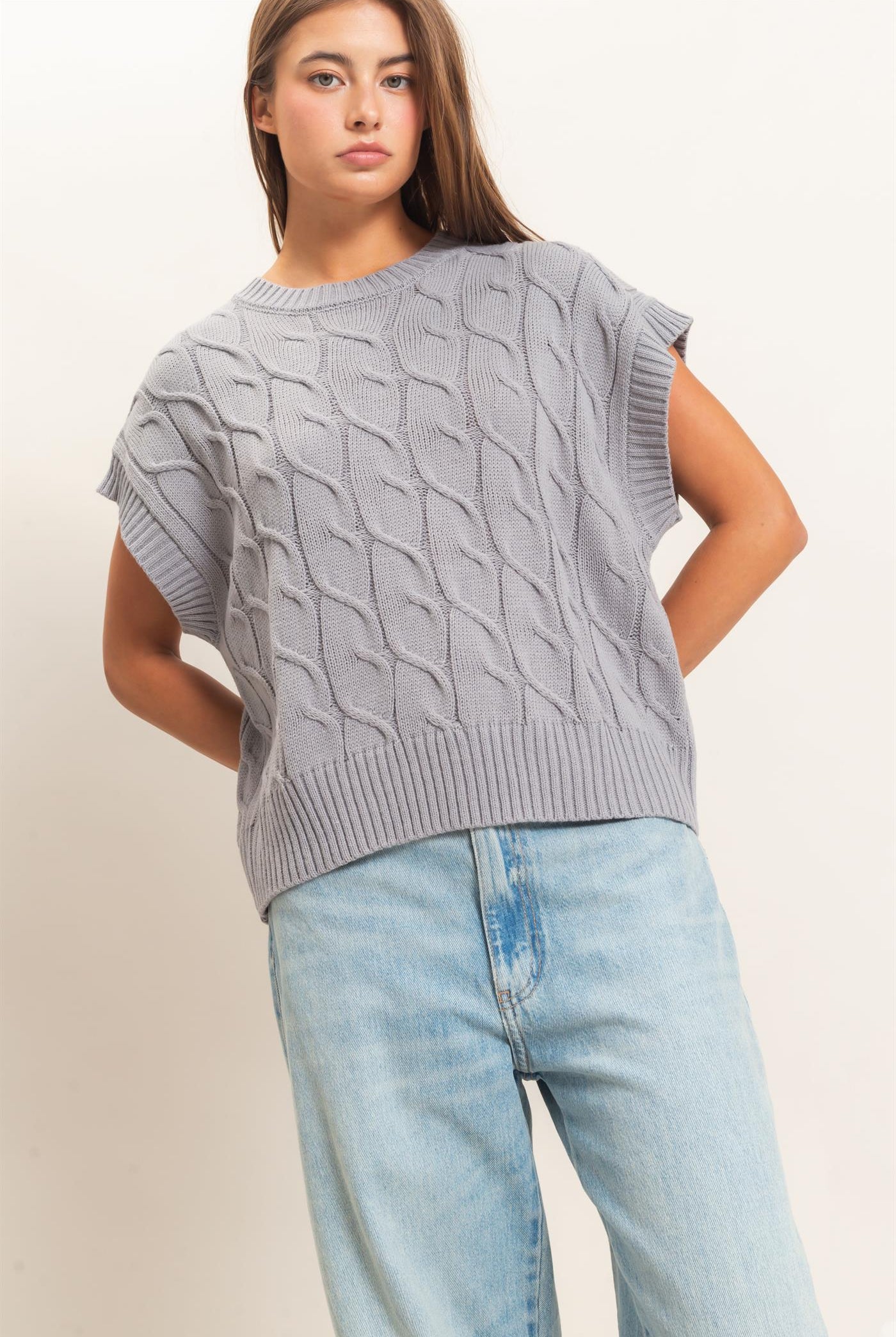 Wholesale Cable Knit Cap Sleeve Sweater Sweaters DZ26C974 GRAY DOUBLE ZERO