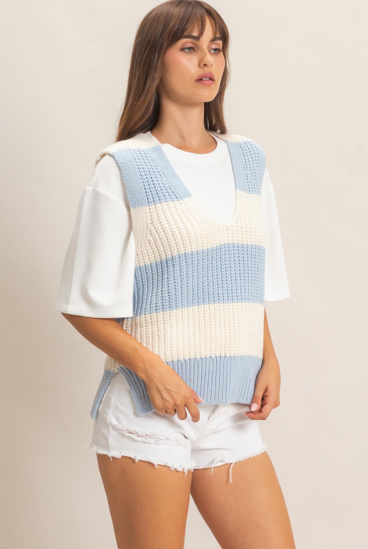 Wholesale V-Neck Striped Sweater Vest Sweaters HF26E482-D BLUE HYFVE