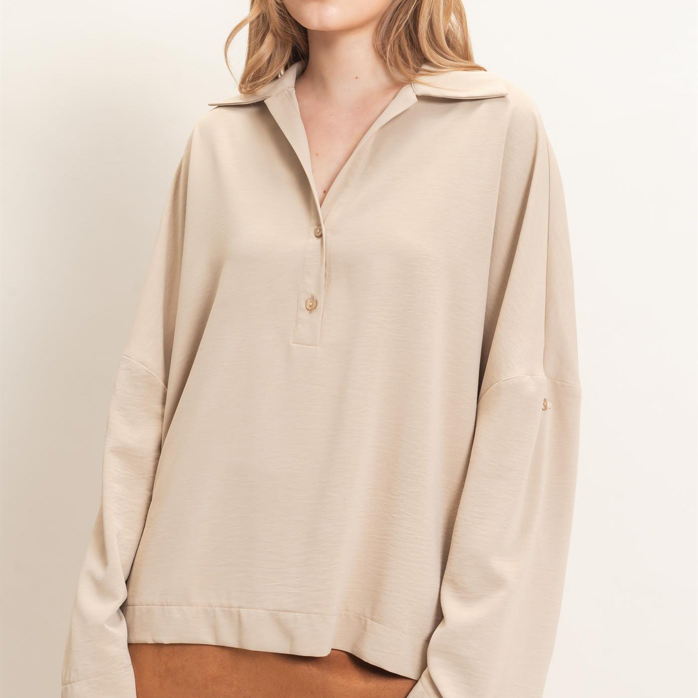 Wholesale Buttoned Collar Split Sleeve Top Clothing Tops HF26F071 BEIGE HYFVE