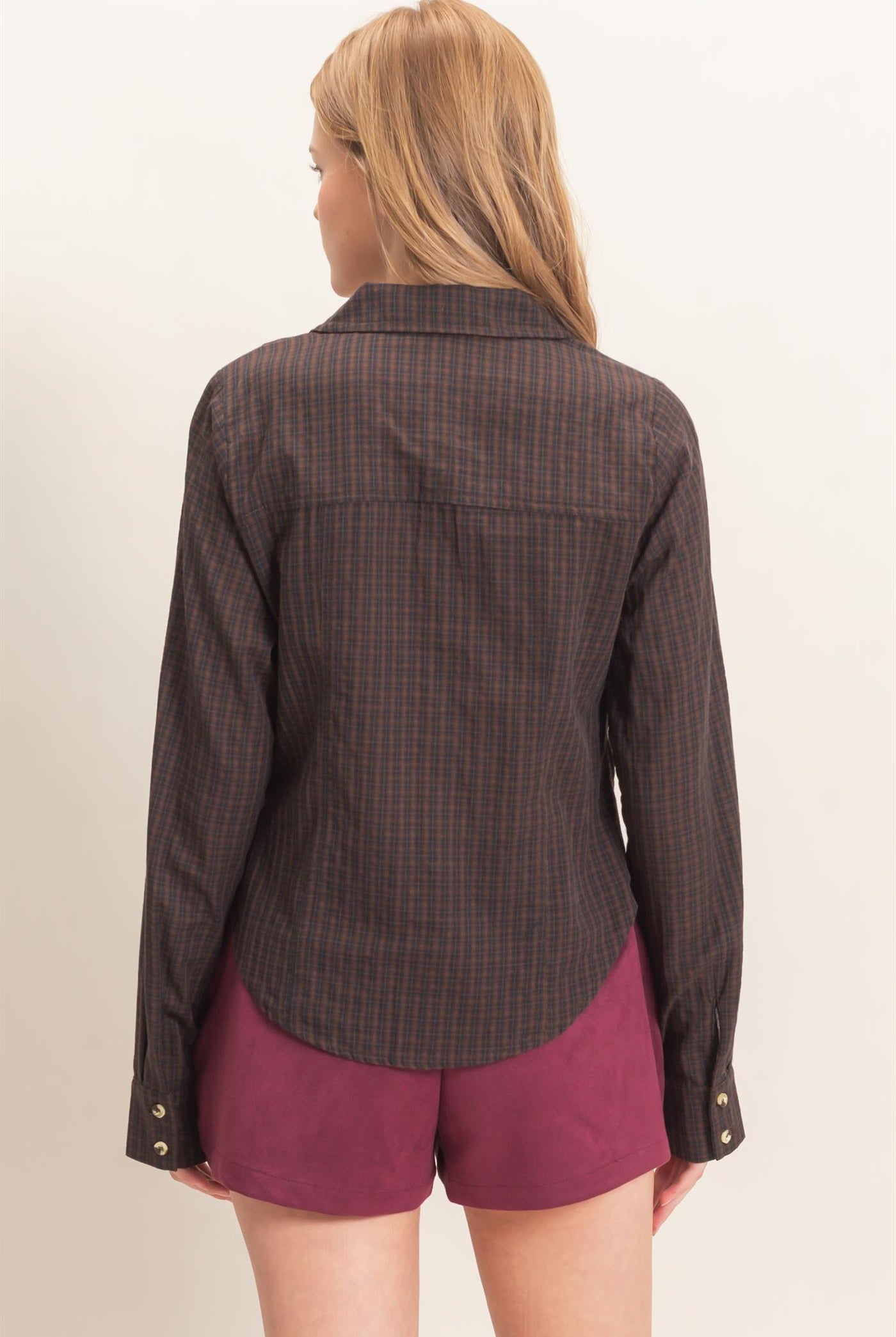 Wholesale Ruched Button-Down Shirt Blouses HF26E348 BROWN HYFVE
