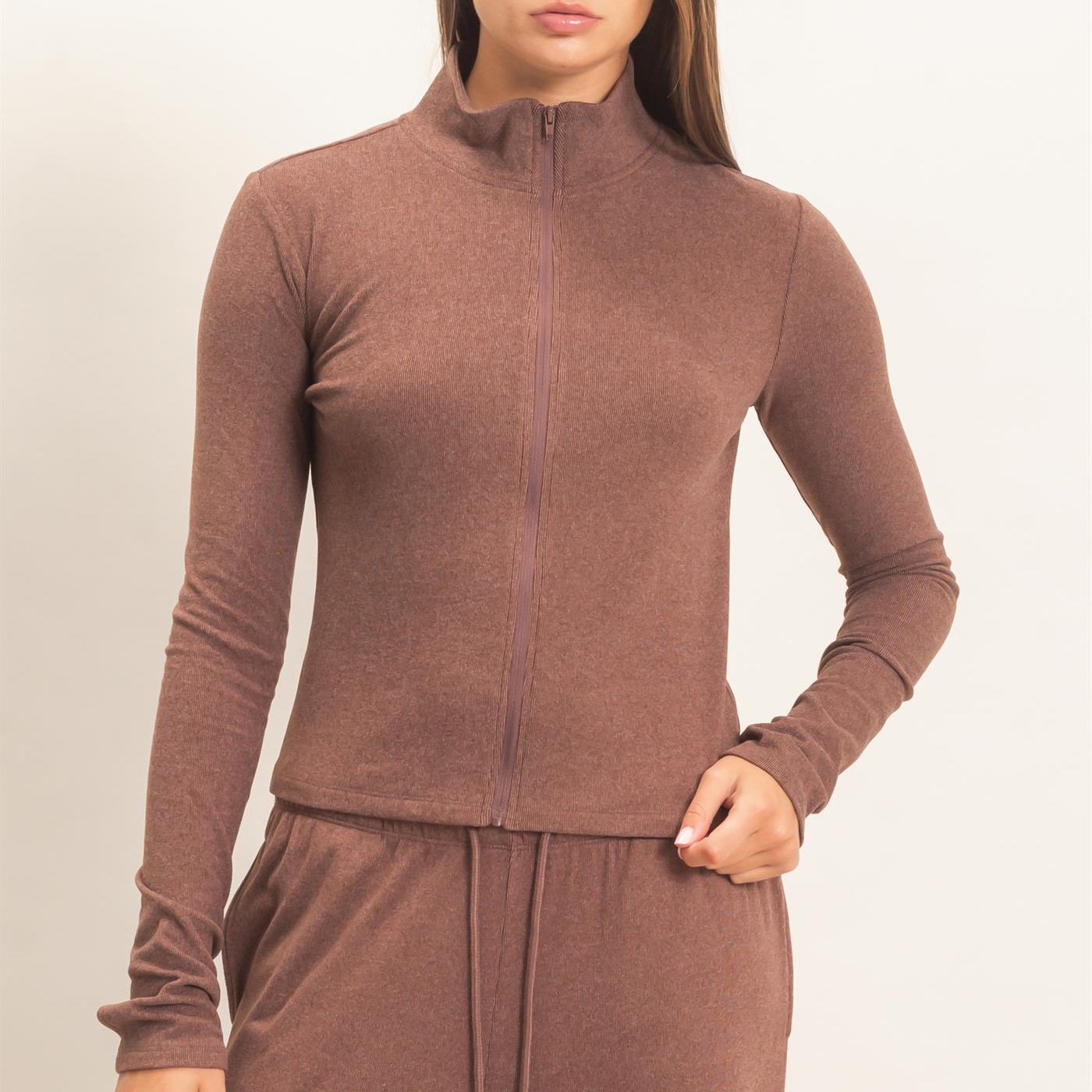 Wholesale Mock Neck Long Sleeve Zip Up Top Clothing Tops DZ26E911 DARK BROWN DOUBLE ZERO