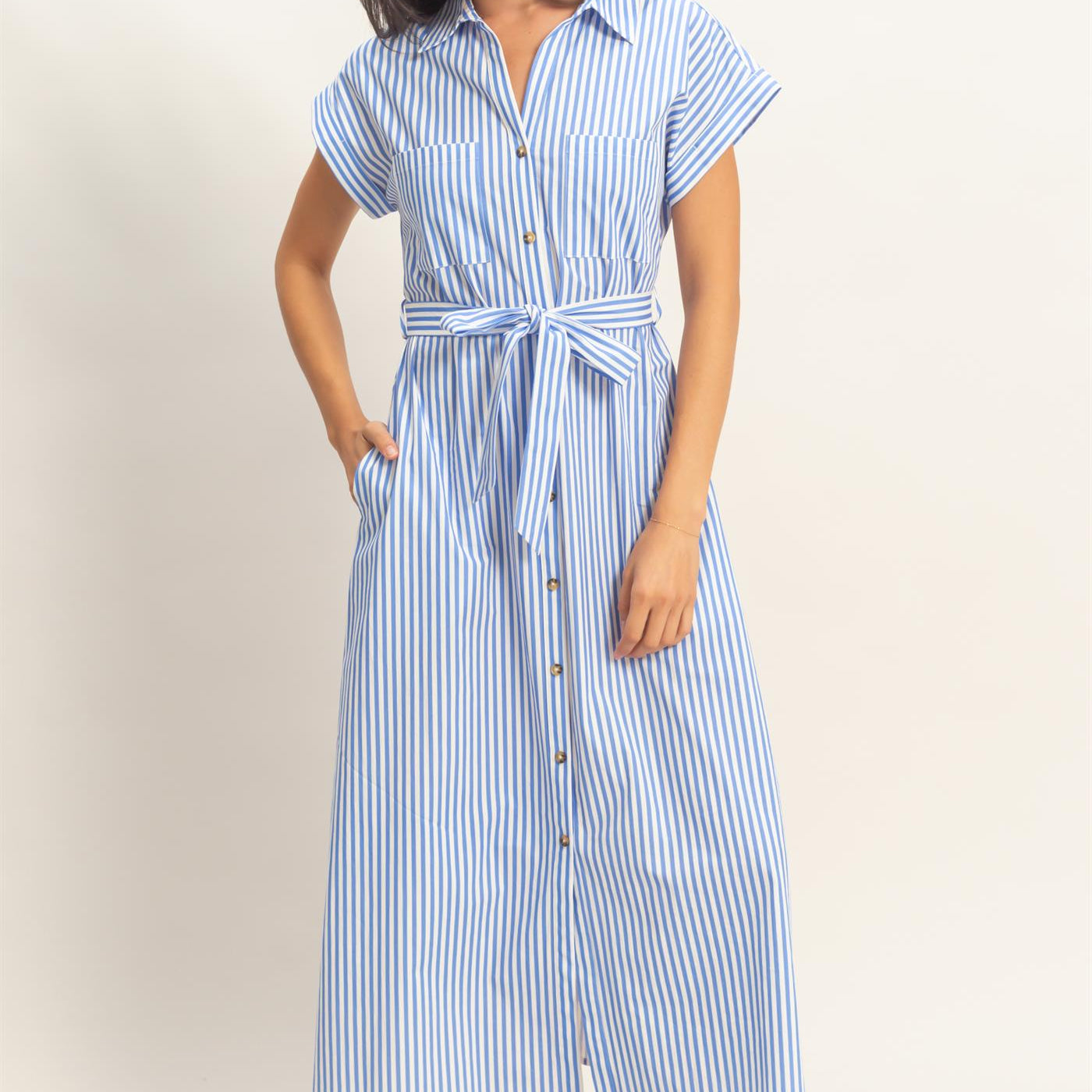 Wholesale Striped Poplin Belted Shirt Dress With Pockets Dresses DZ26C129 BLUE DOUBLE ZERO