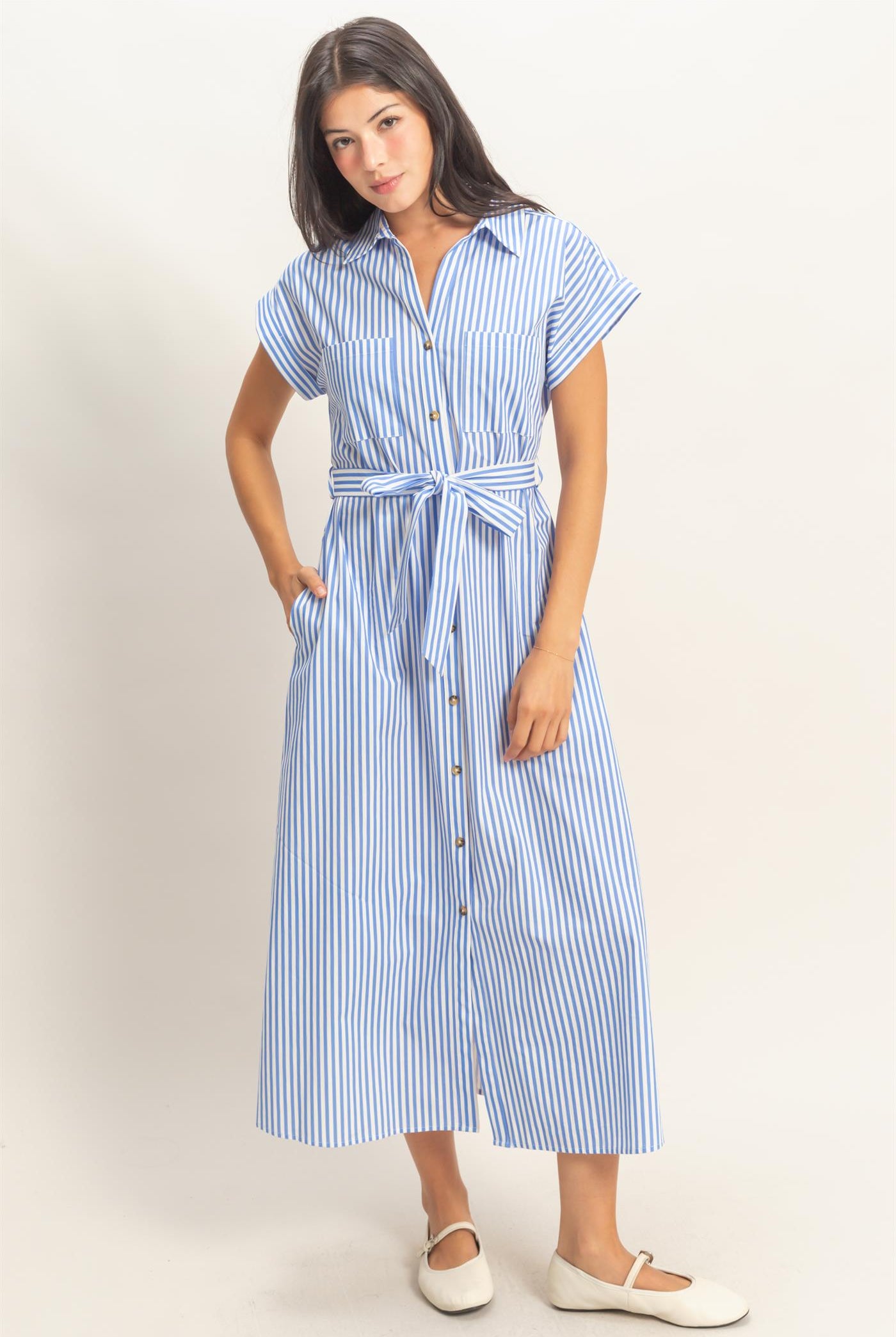 Wholesale Striped Poplin Belted Shirt Dress With Pockets Dresses DZ26C129 BLUE DOUBLE ZERO
