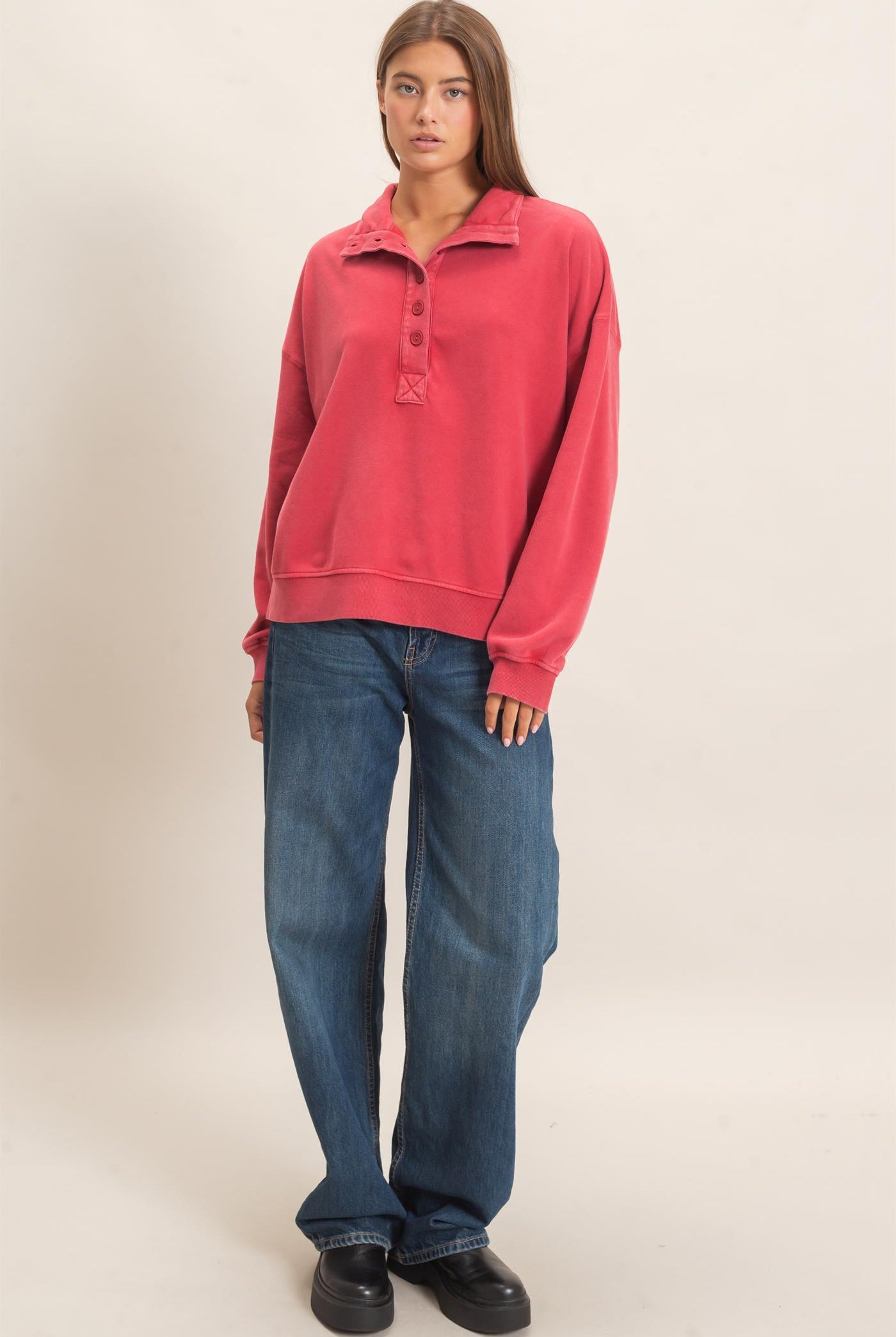 Wholesale Mineral Wash Button Front Sweatshirt Sweatshirts DZ26C909 DARK RED DOUBLE ZERO